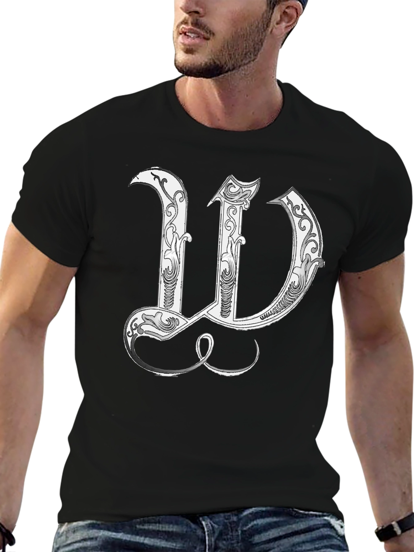 Black T-Shirt with Decorative Letter W