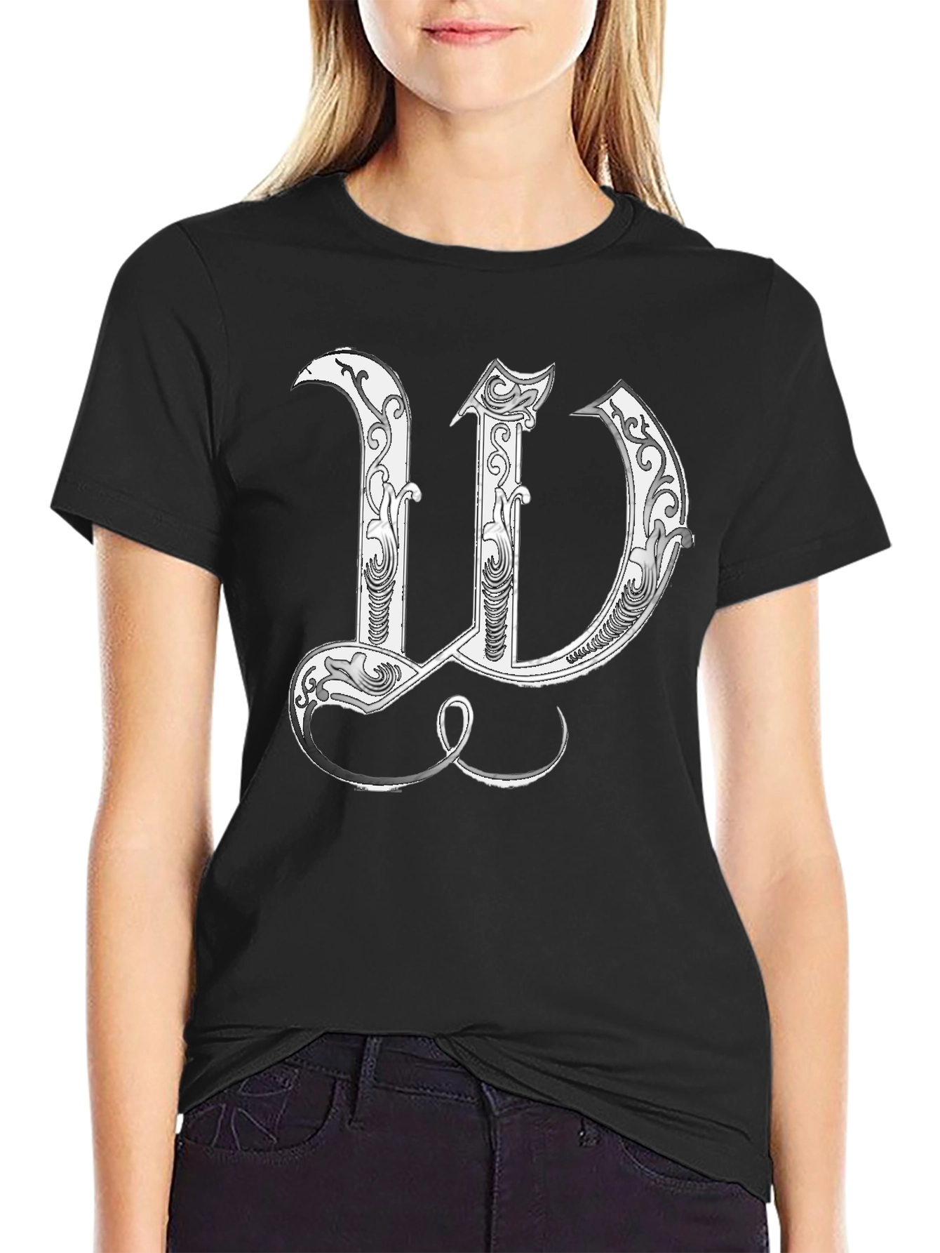 Black T-Shirt with Decorative Letter W