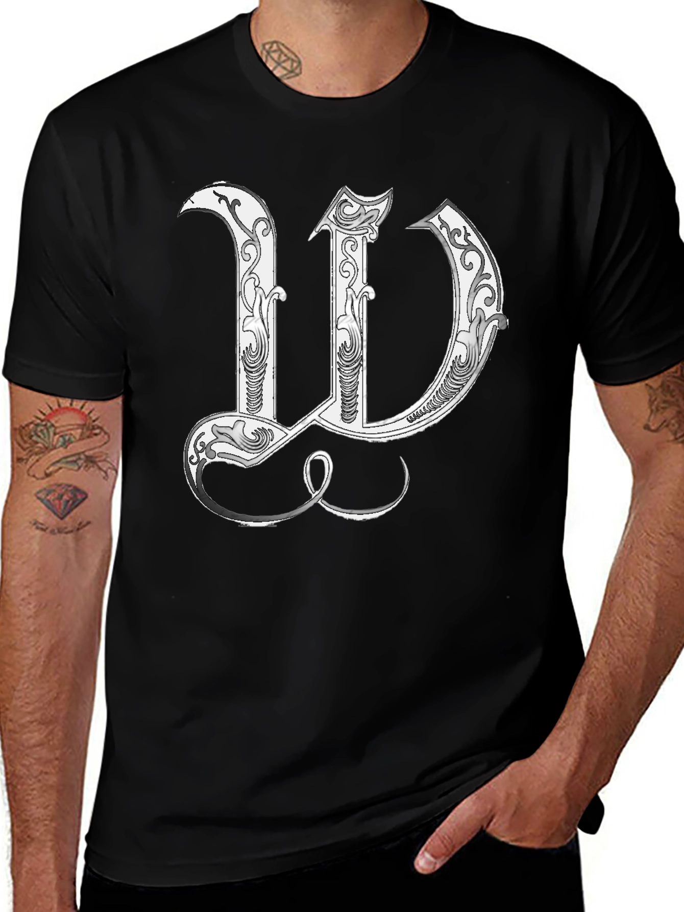 Black T-Shirt with Decorative Letter W