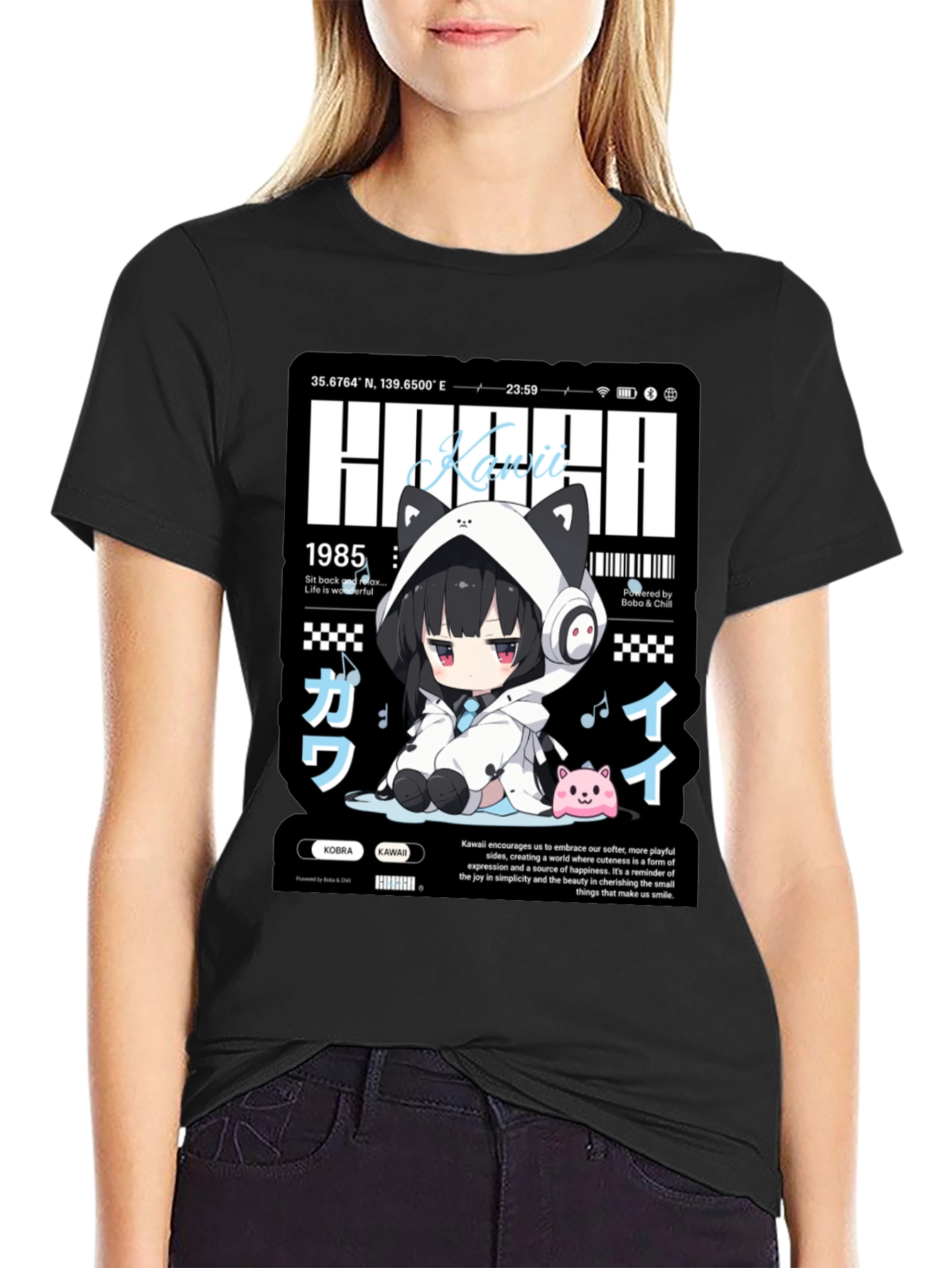 Kawaii Anime Graphic Print Black T-Shirt