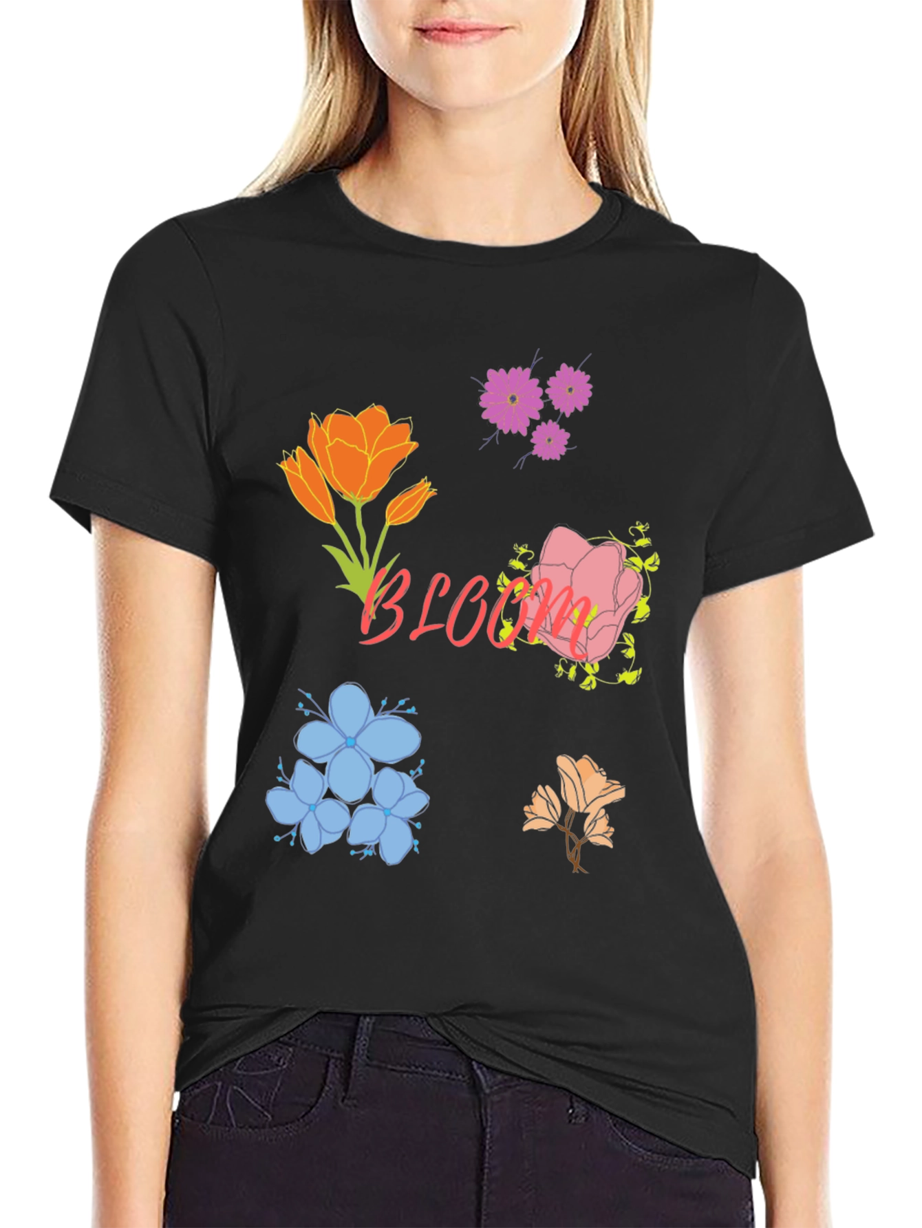 Floral Bloom Print Black T-Shirt