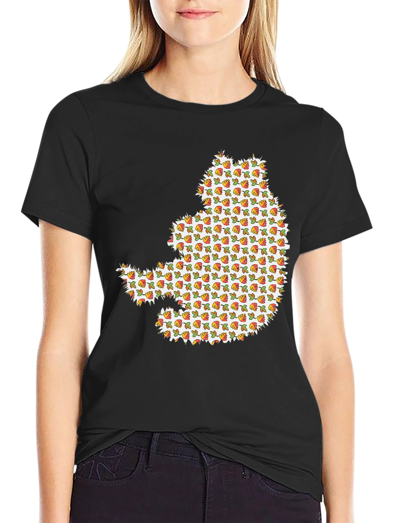 Novelty Cat Print Black Crew Neck T-Shirt