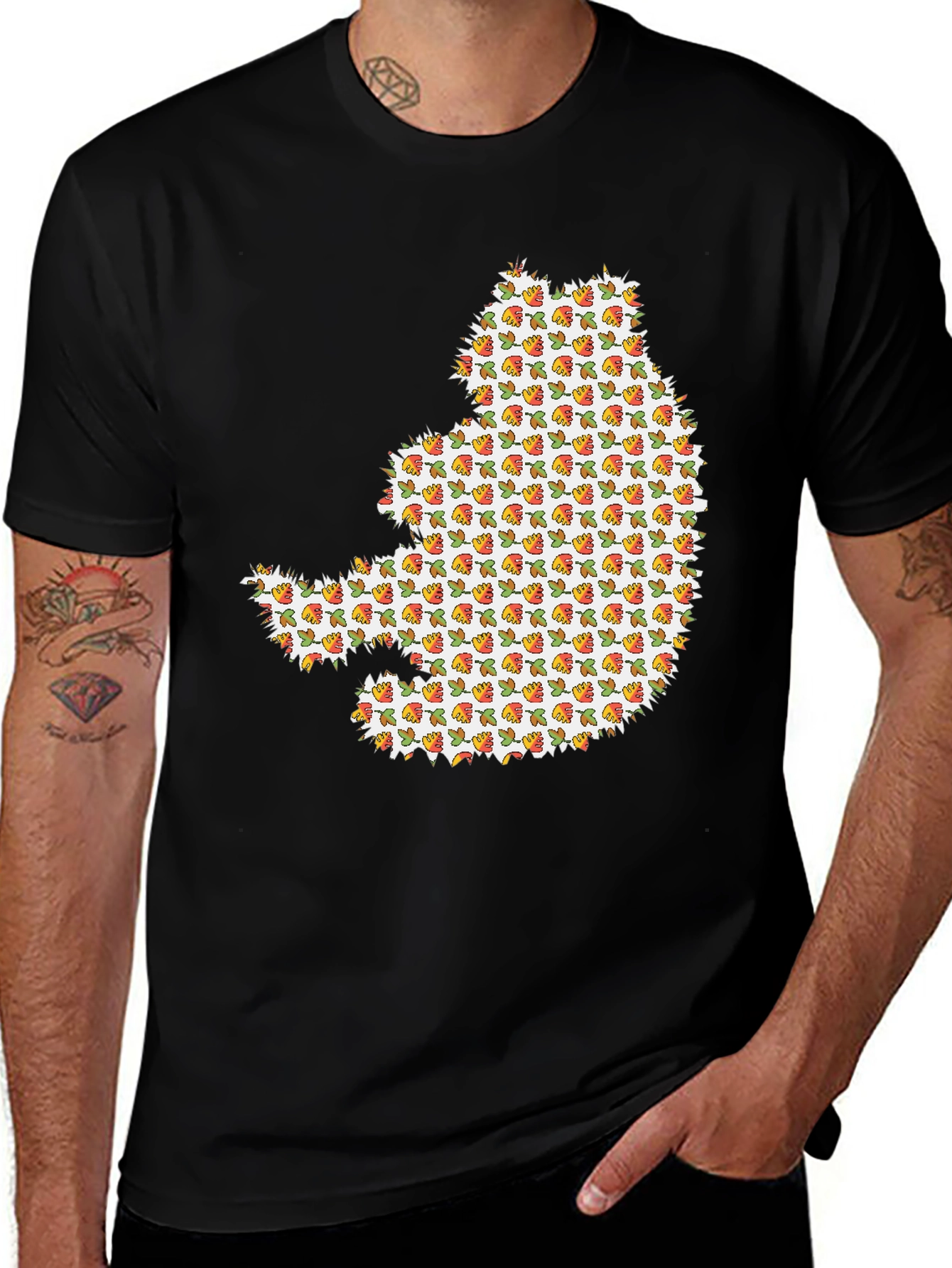 Novelty Cat Print Black Crew Neck T-Shirt