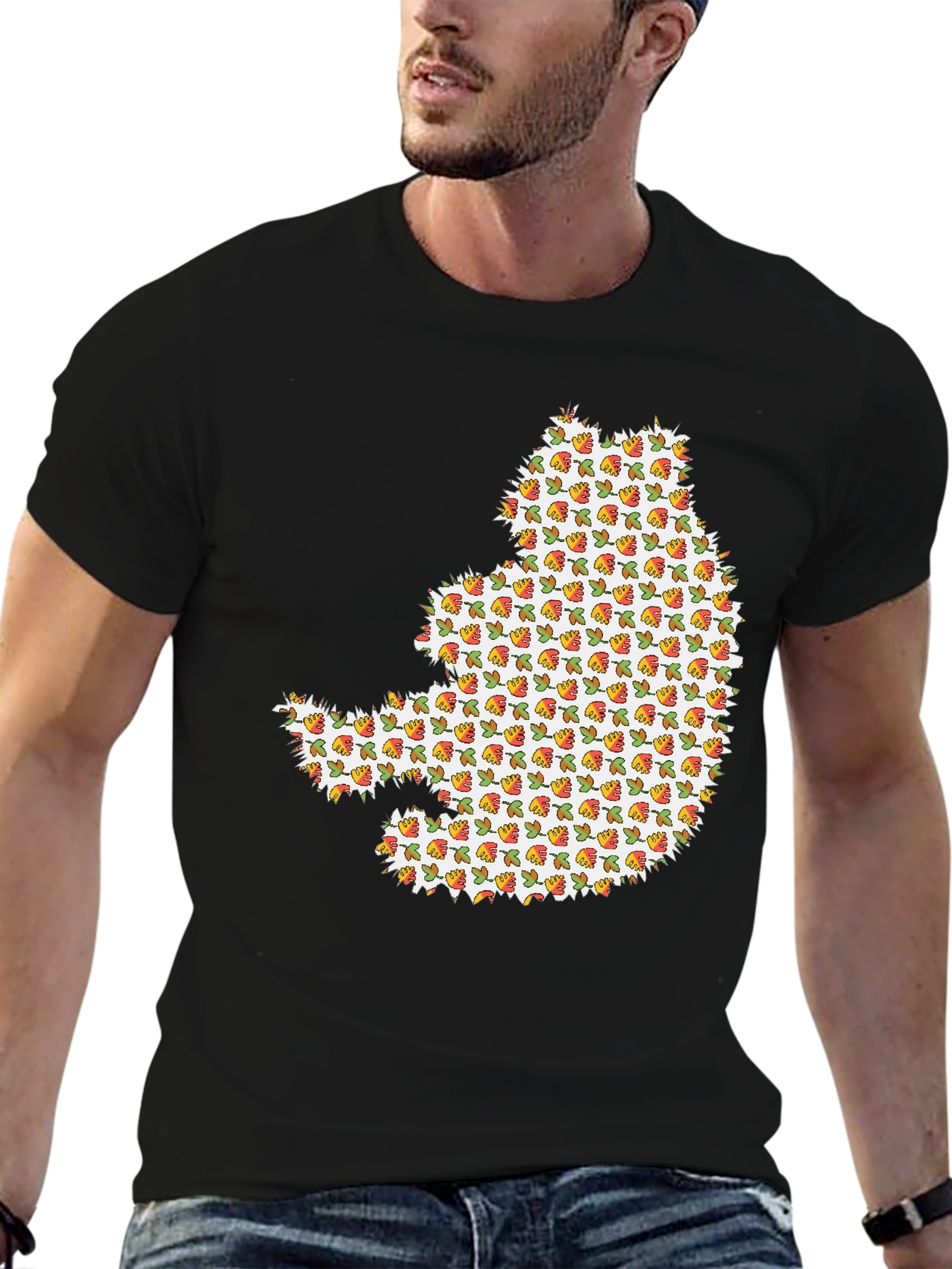 Novelty Cat Print Black Crew Neck T-Shirt