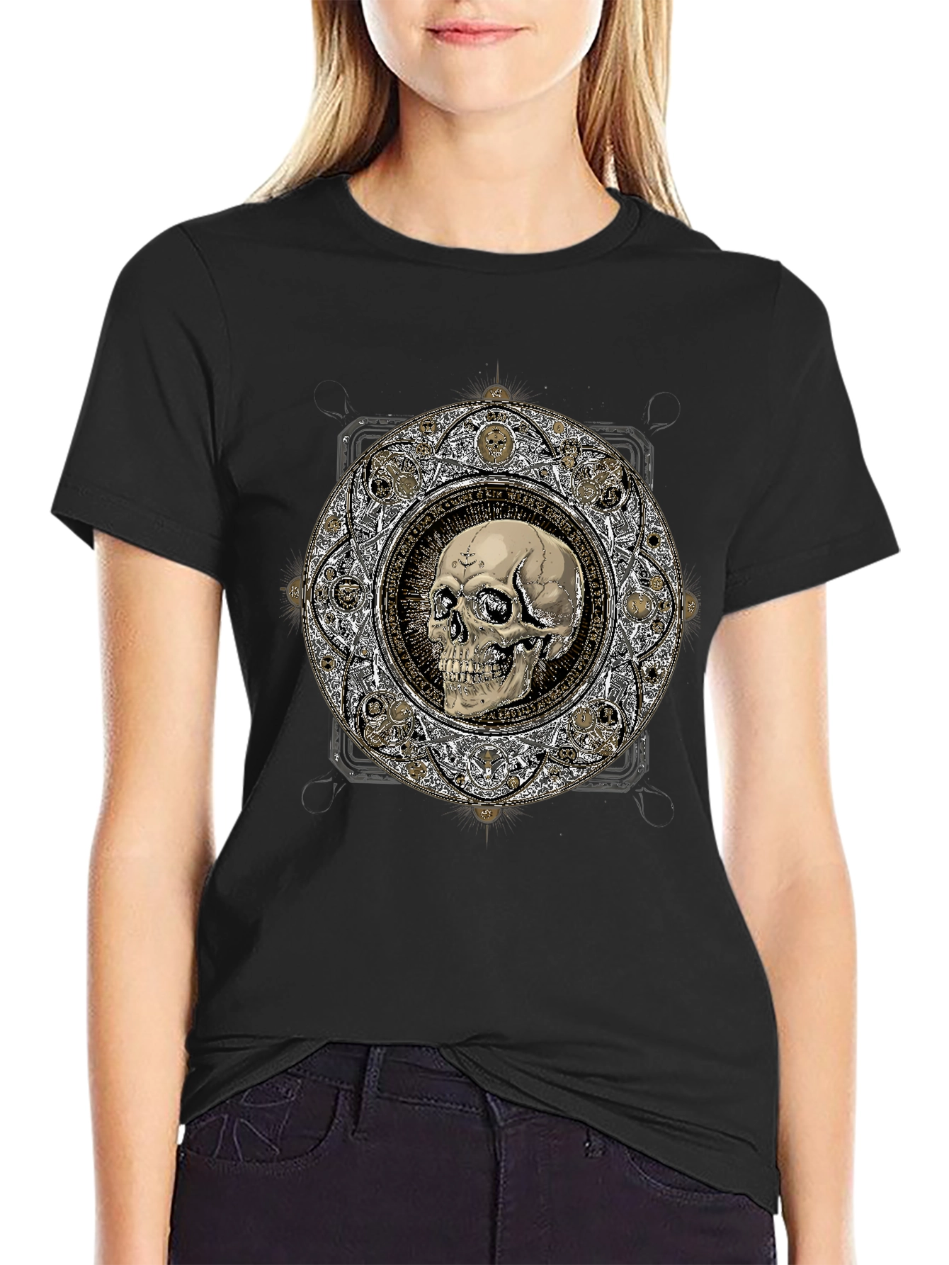 Skull Mandala Graphic Print Black T-Shirt