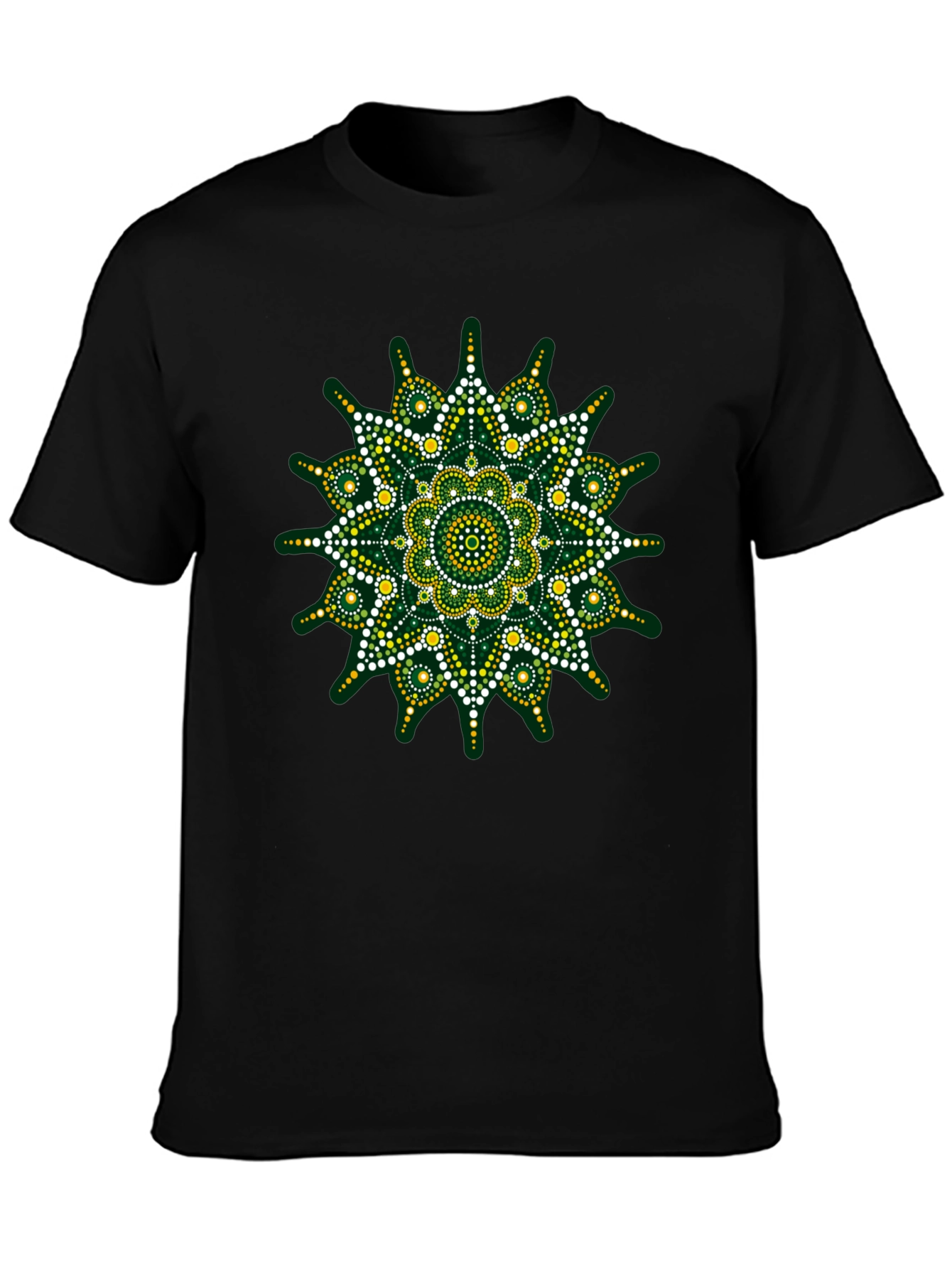 Green Mandala Dot Art Black T-Shirt