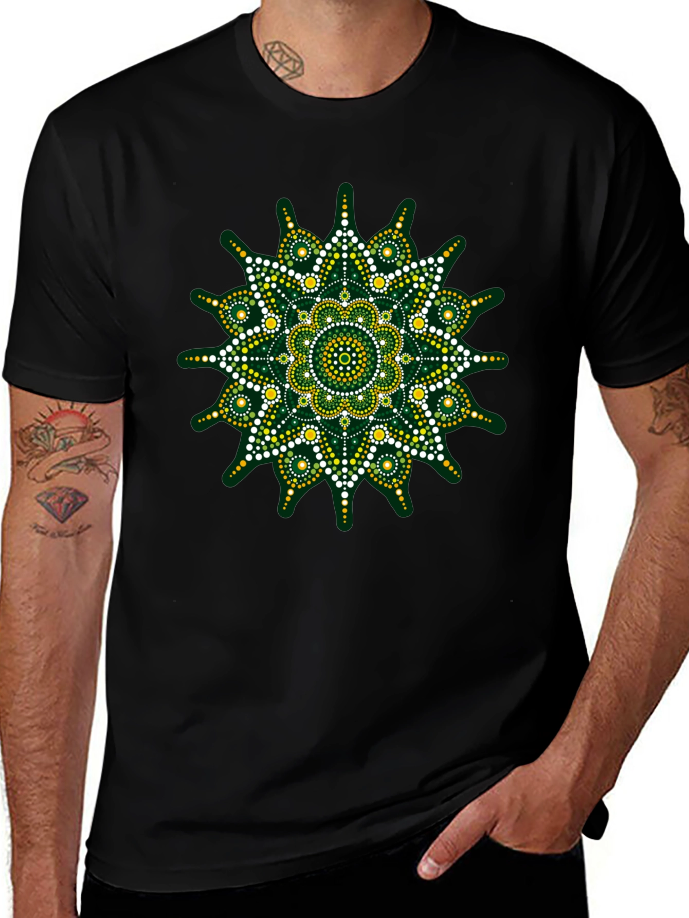 Green Mandala Dot Art Black T-Shirt