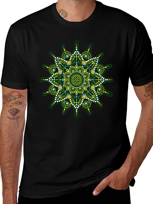 Green Mandala Dot Art Black T-Shirt