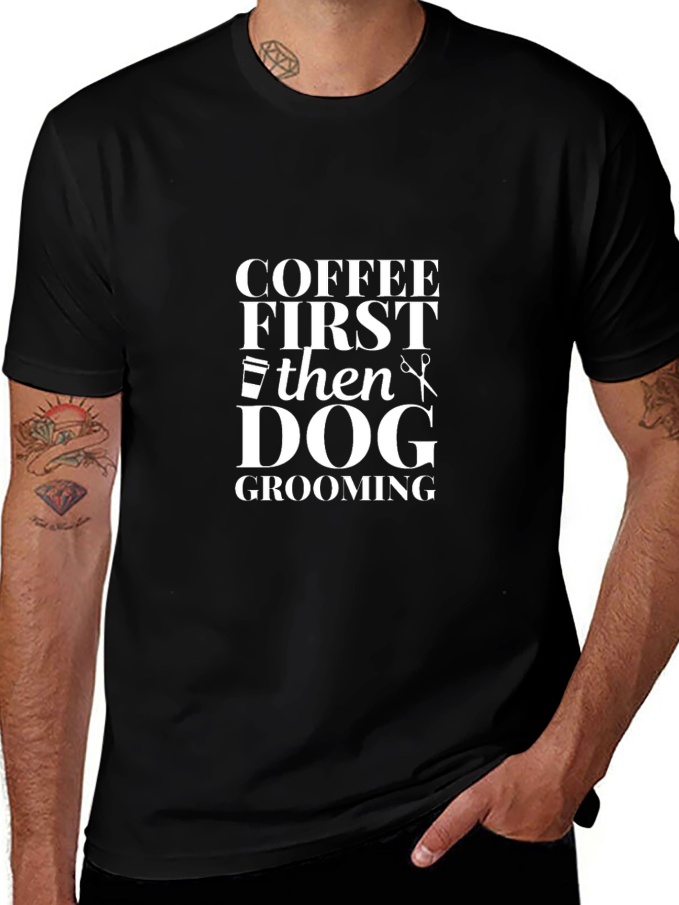 Coffee First Then Dog Grooming Black Graphic Tee
