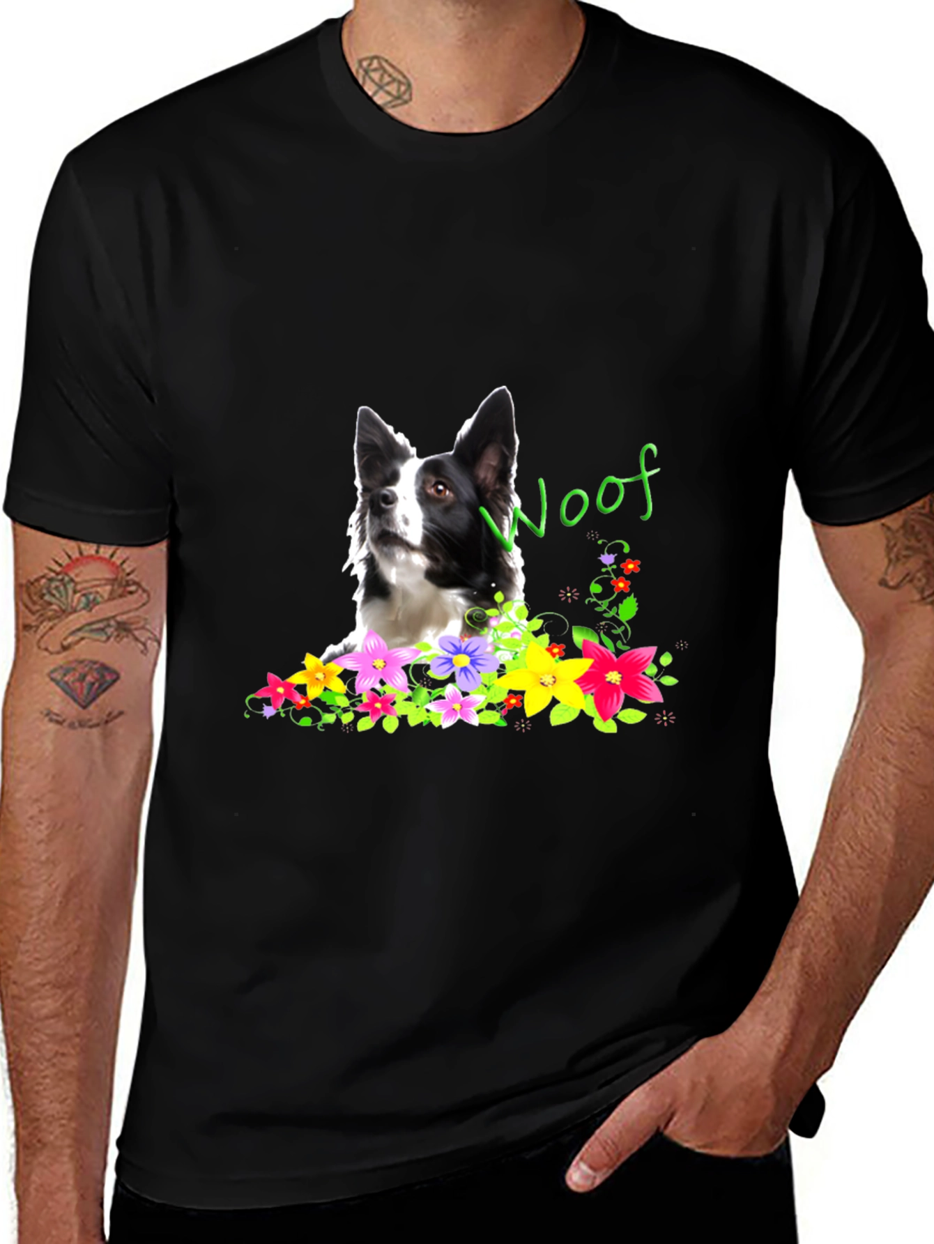 Woof Dog & Flowers Graphic T-Shirt