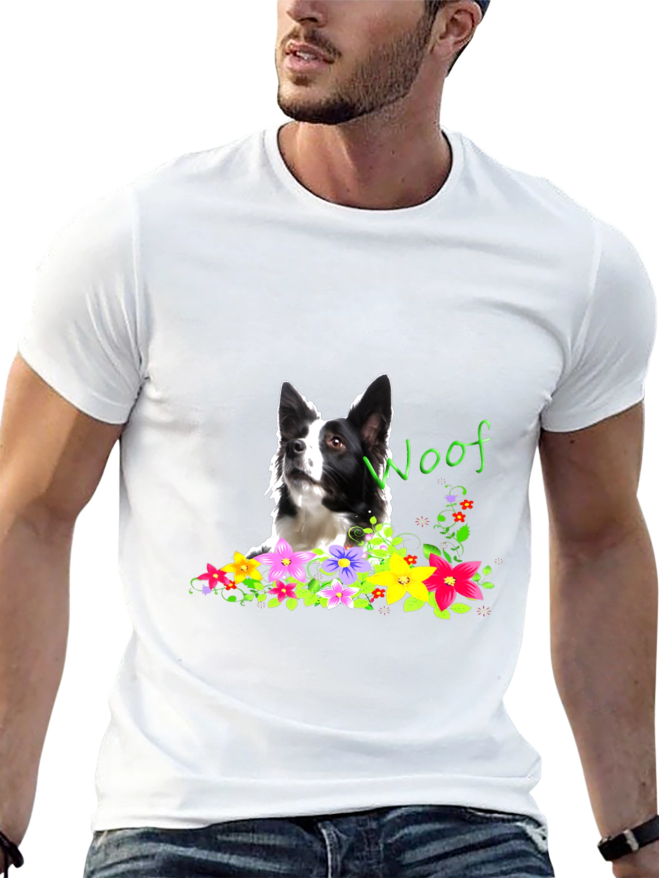 Woof Dog & Flowers Graphic T-Shirt