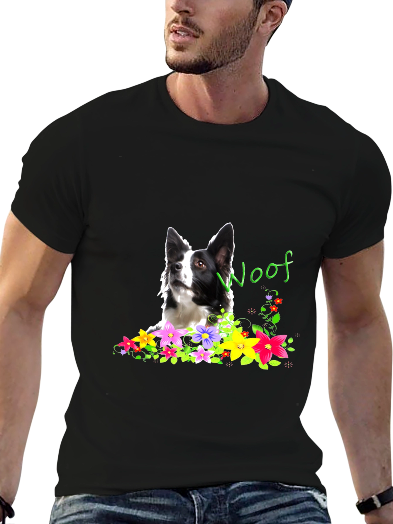 Woof Dog & Flowers Graphic T-Shirt