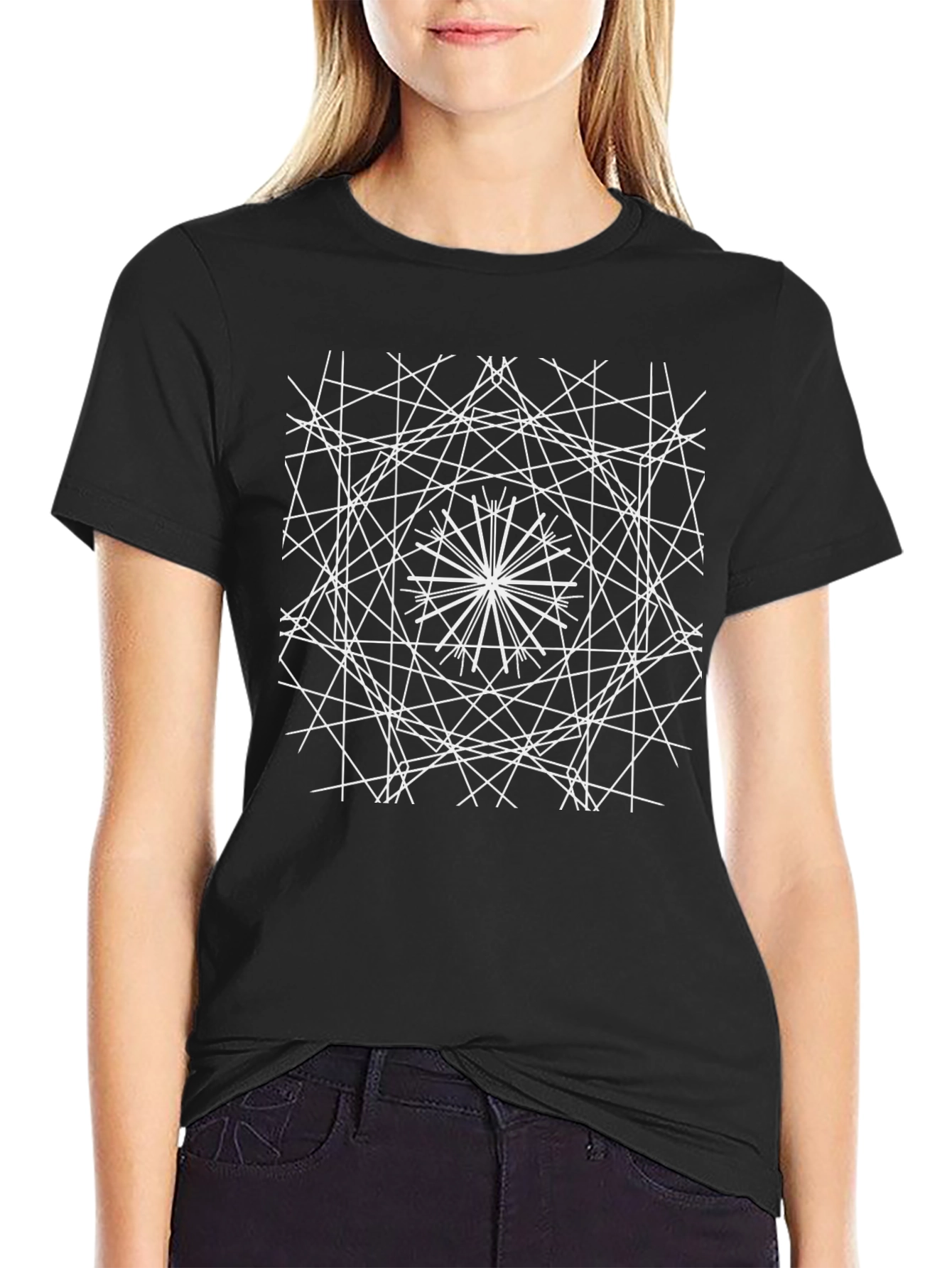 Geometric Line Art Graphic Black T-Shirt
