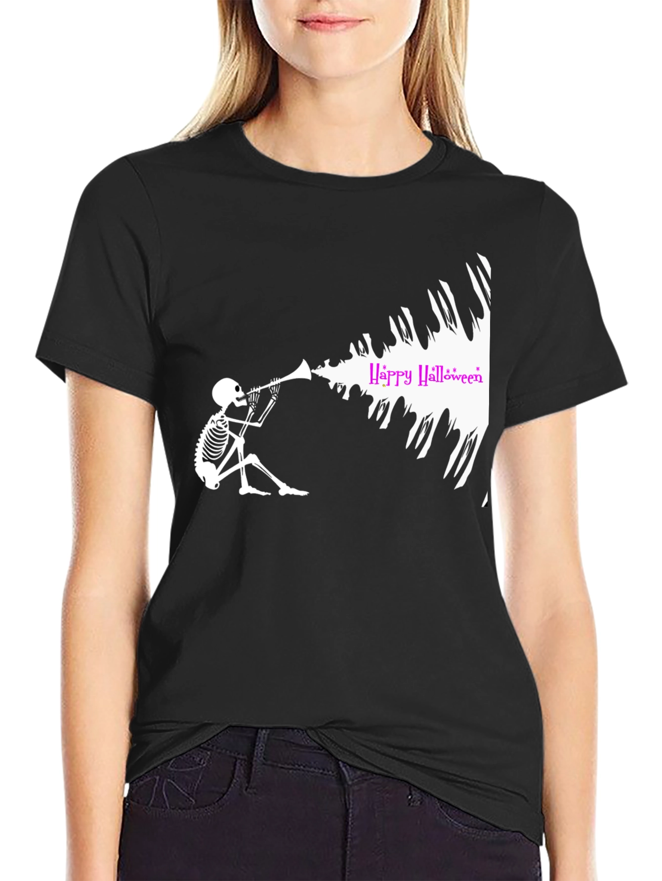 Halloween Skeleton Trumpet Black T-Shirt