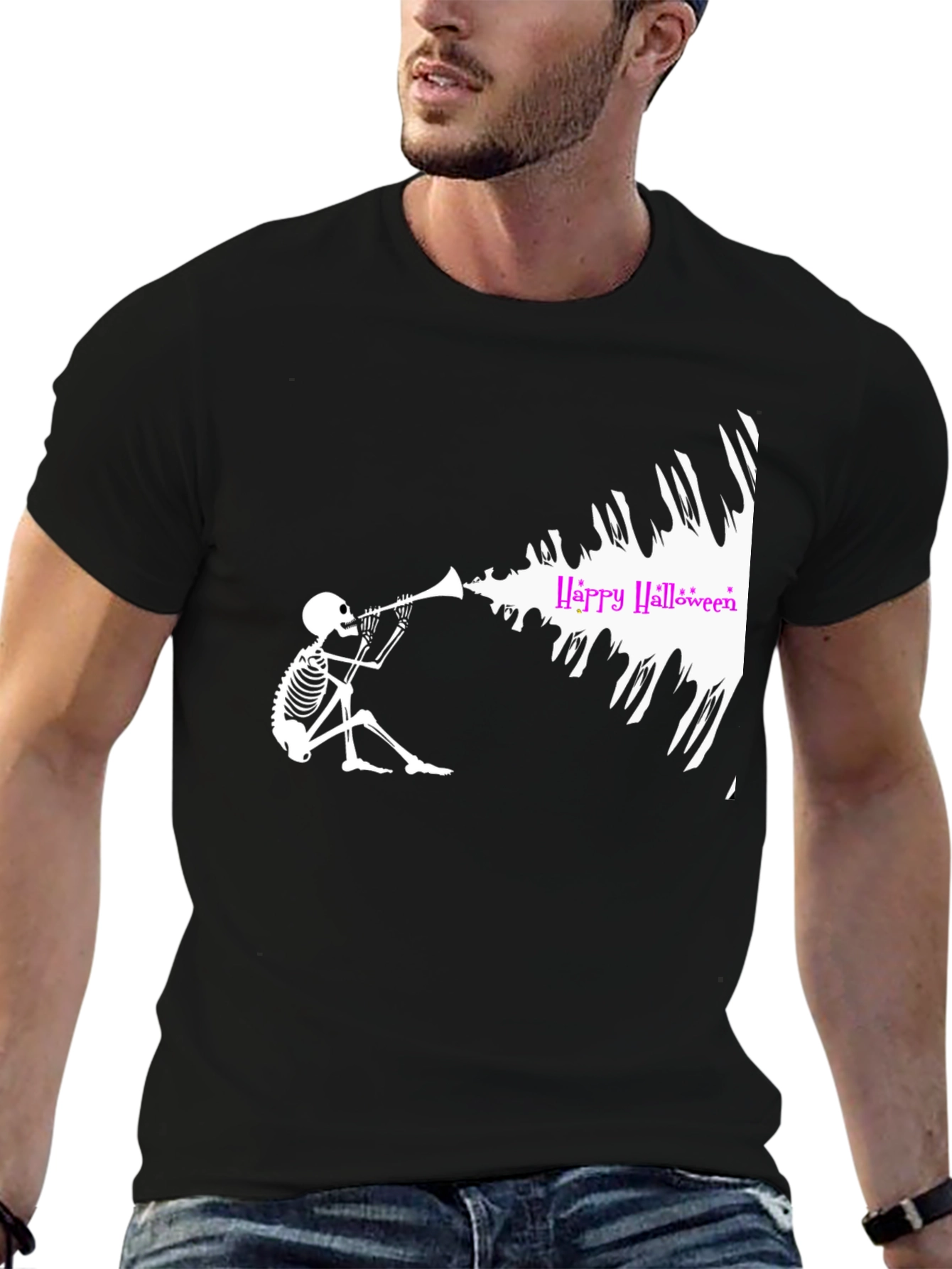 Halloween Skeleton Trumpet Black T-Shirt