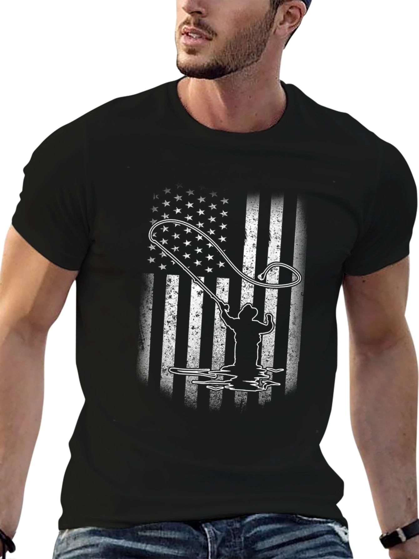 American Flag Fisherman T-Shirt - Black