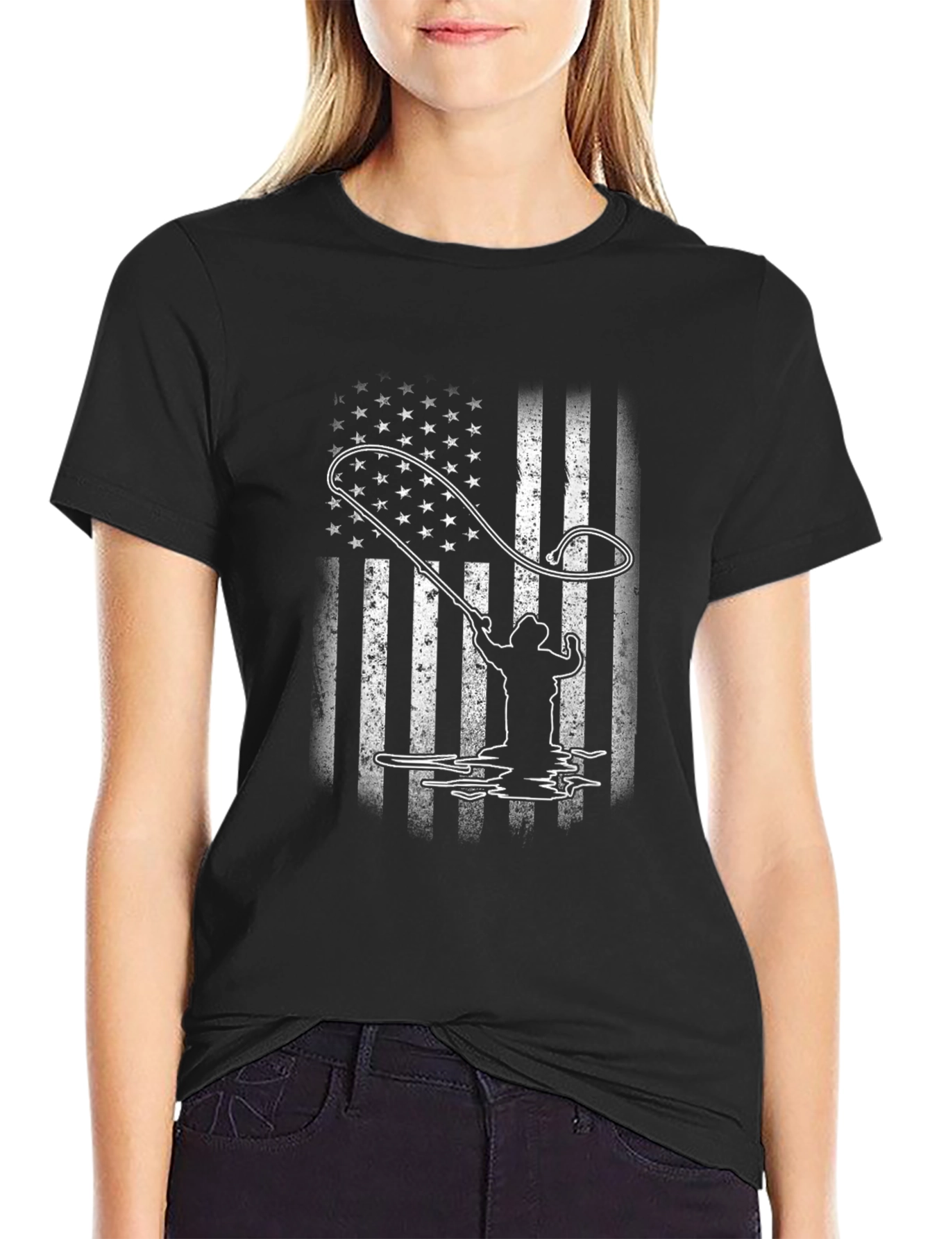 American Flag Fisherman T-Shirt - Black
