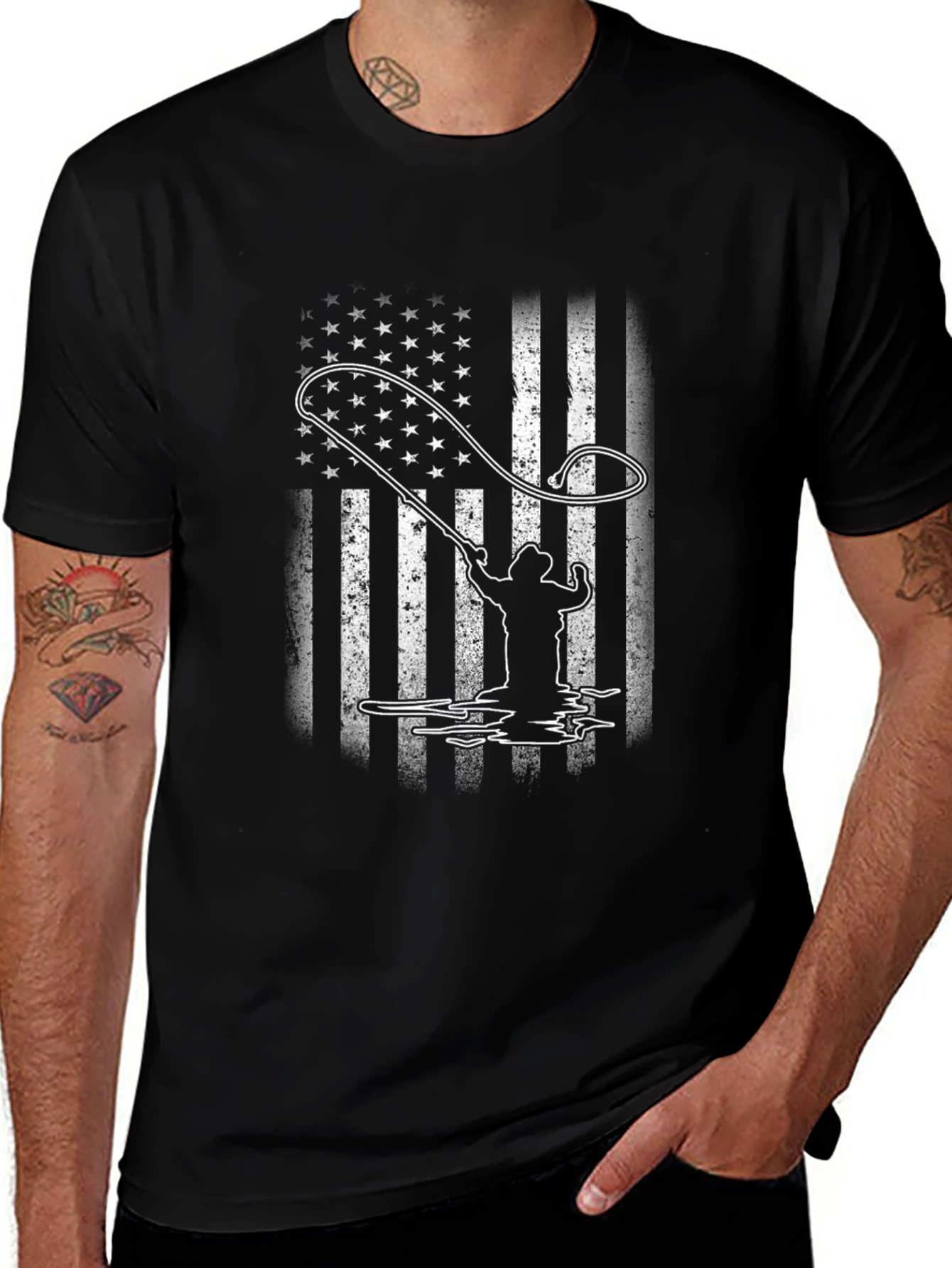 American Flag Fisherman T-Shirt - Black