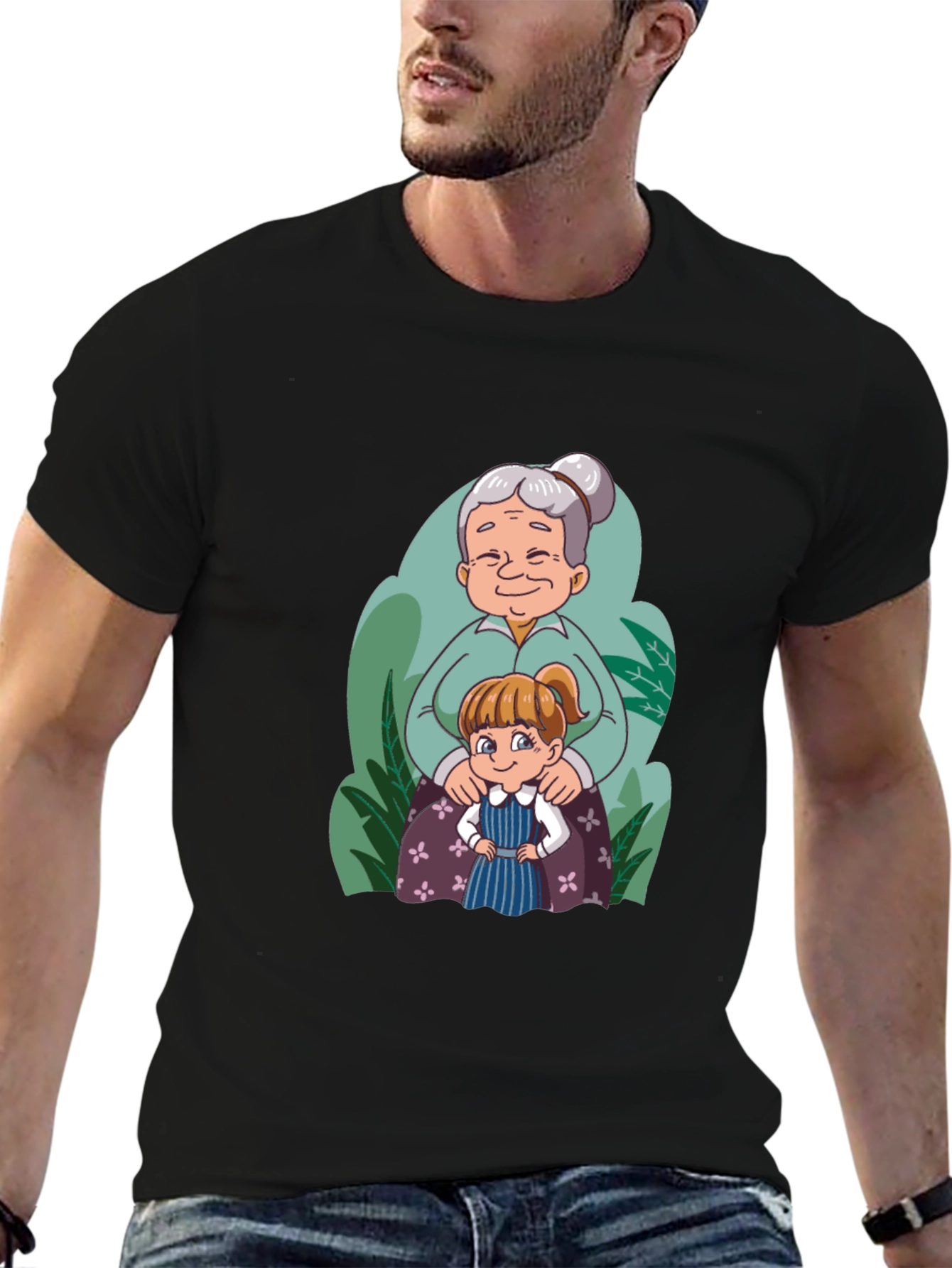 Grandma & Granddaughter Cartoon Black T-Shirt