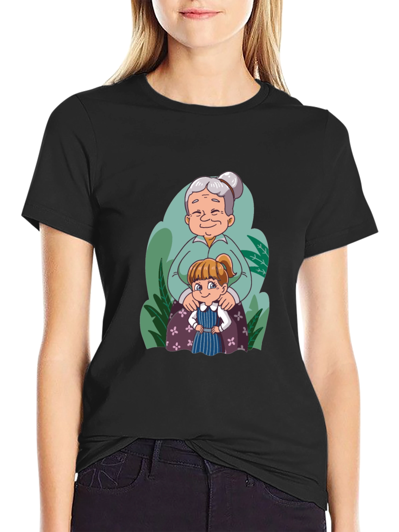 Grandma & Granddaughter Cartoon Black T-Shirt