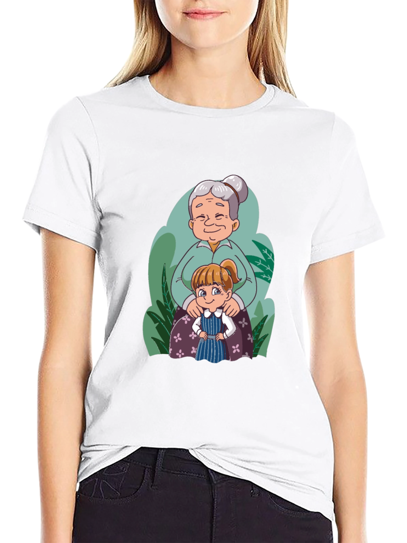 Grandma & Granddaughter Cartoon Black T-Shirt