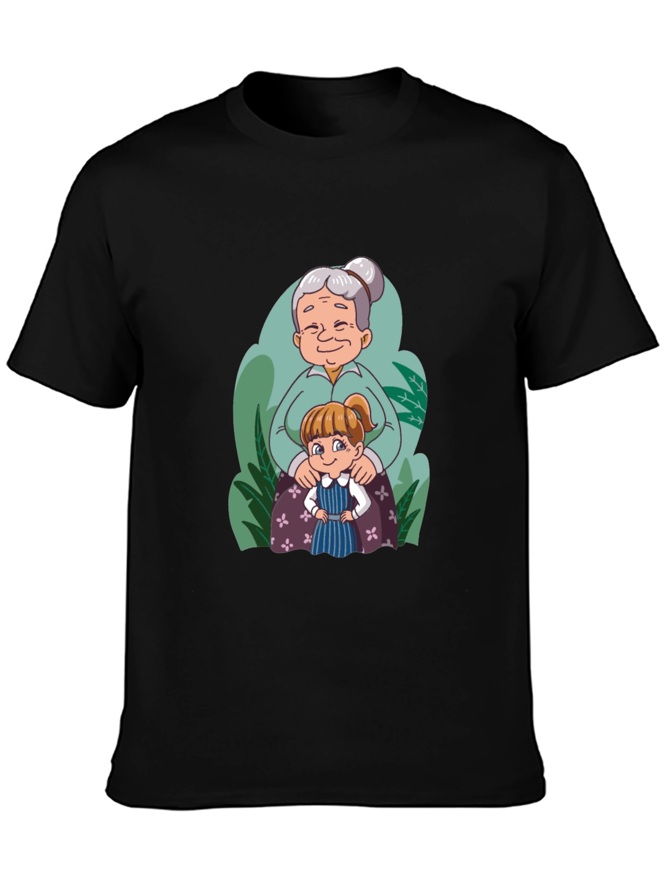 Grandma & Granddaughter Cartoon Black T-Shirt