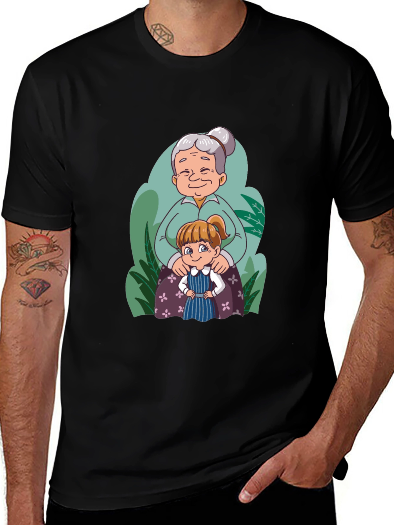 Grandma & Granddaughter Cartoon Black T-Shirt