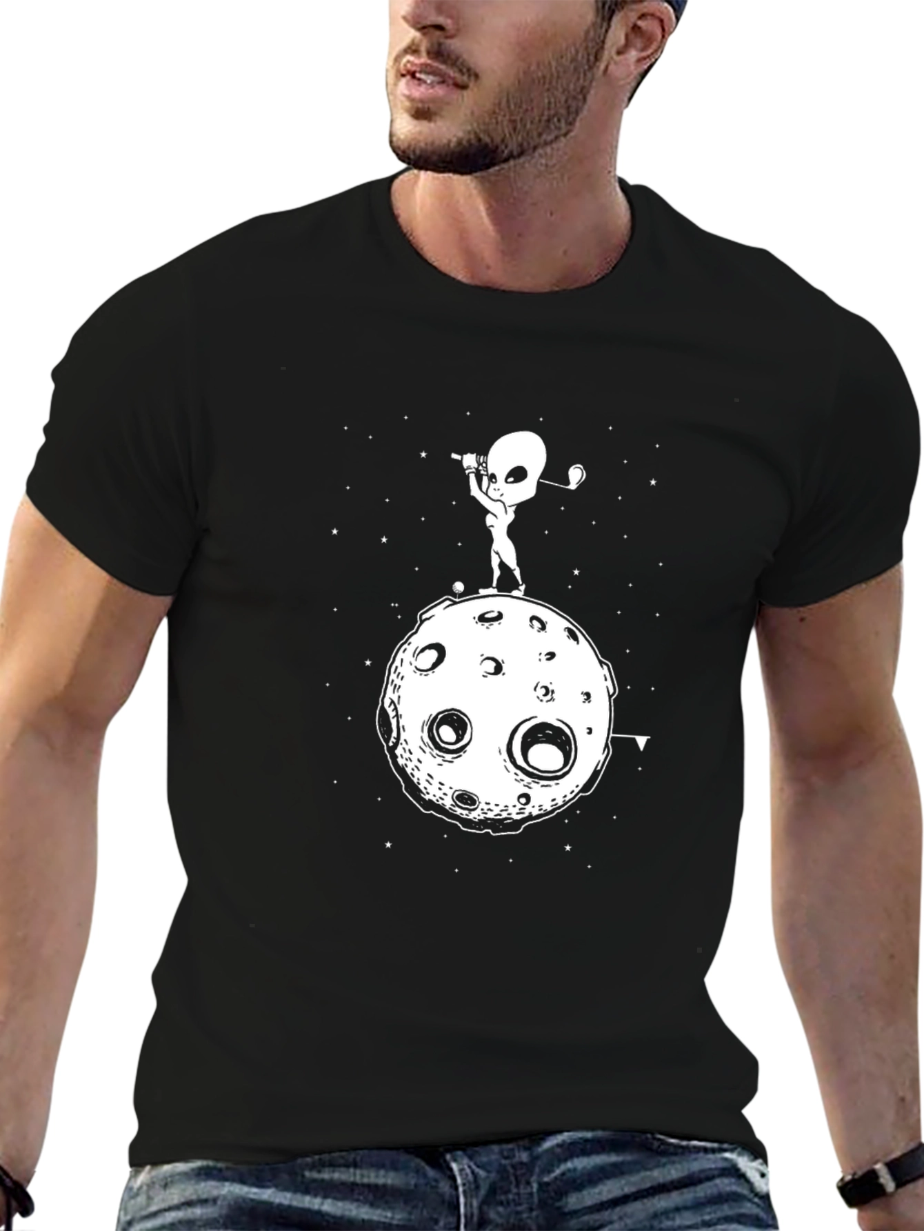 Alien Golfing on the Moon Black T-Shirt