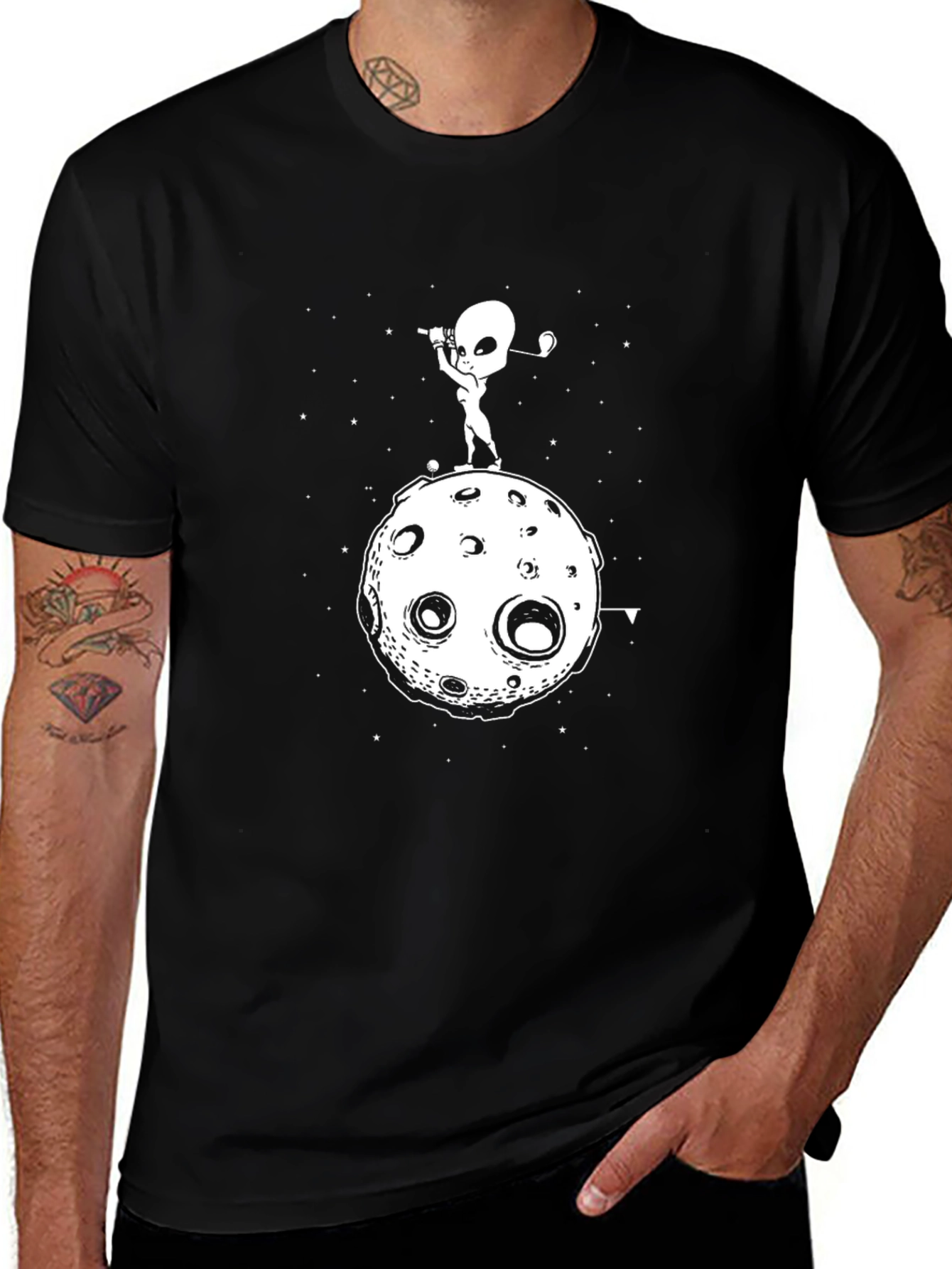 Alien Golfing on the Moon Black T-Shirt