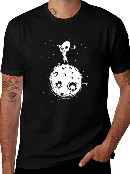 Alien Golfing on the Moon Black T-Shirt