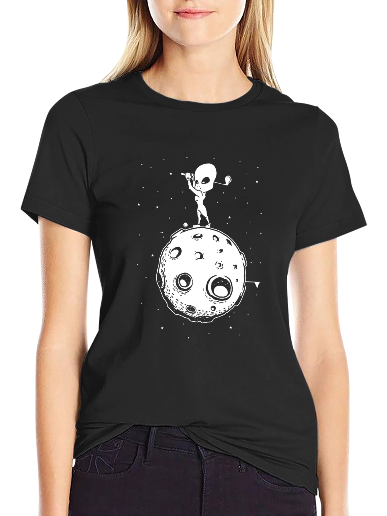 Alien Golfing on the Moon Black T-Shirt