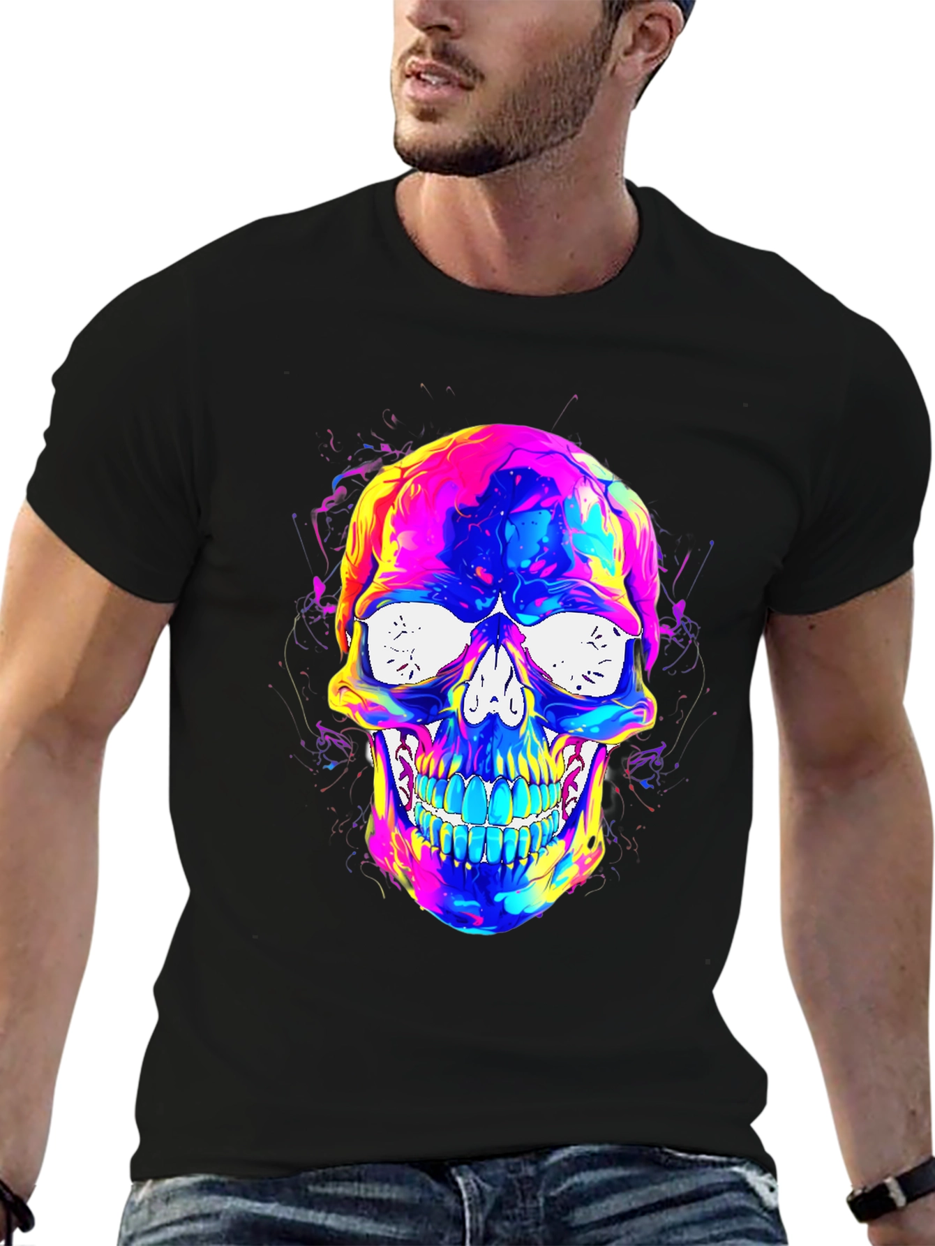 Vibrant Skull Graphic Tee - Mens Black T-Shirt