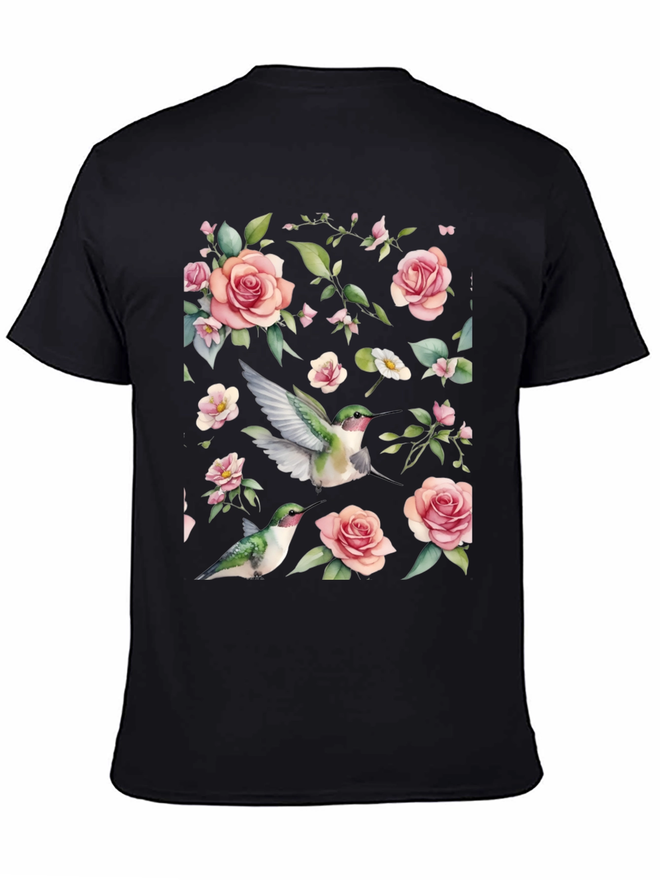 Hummingbird & Rose Print Black T-Shirt