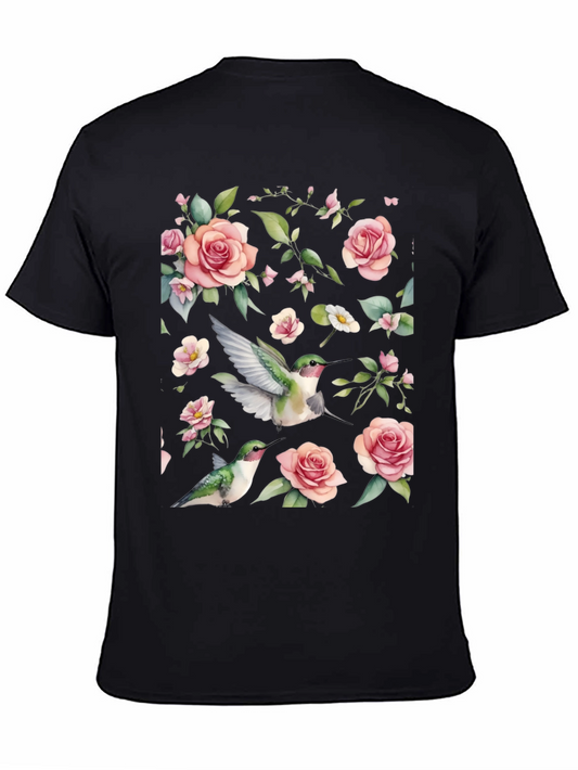 Hummingbird & Rose Print Black T-Shirt