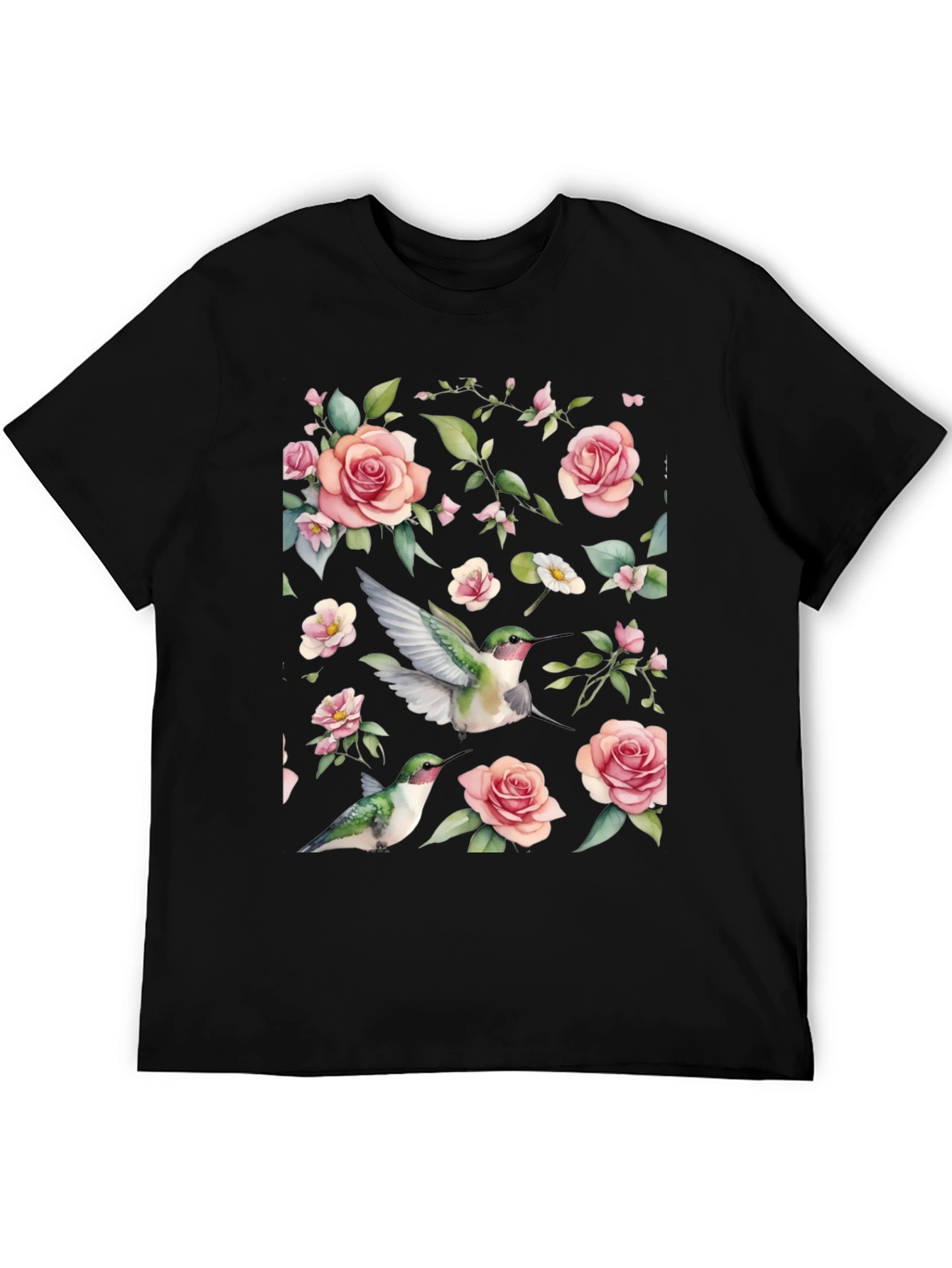 Hummingbird & Rose Print Black T-Shirt