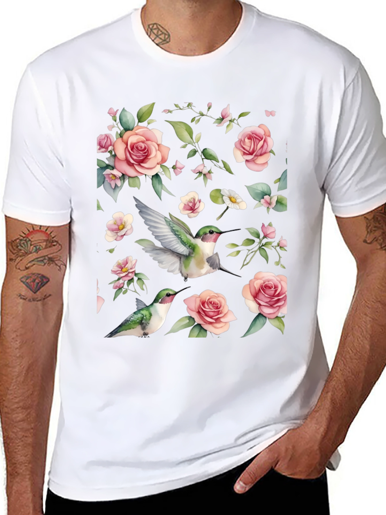 Hummingbird & Rose Print Black T-Shirt