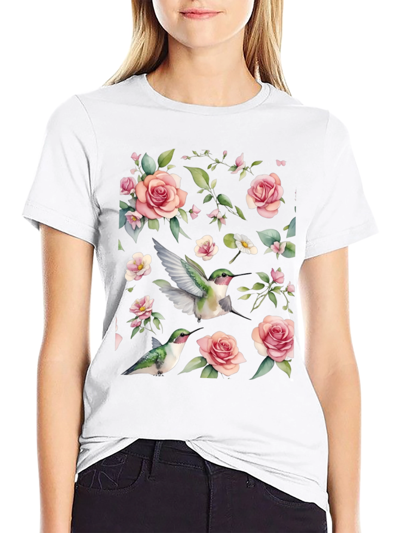 Hummingbird & Rose Print Black T-Shirt