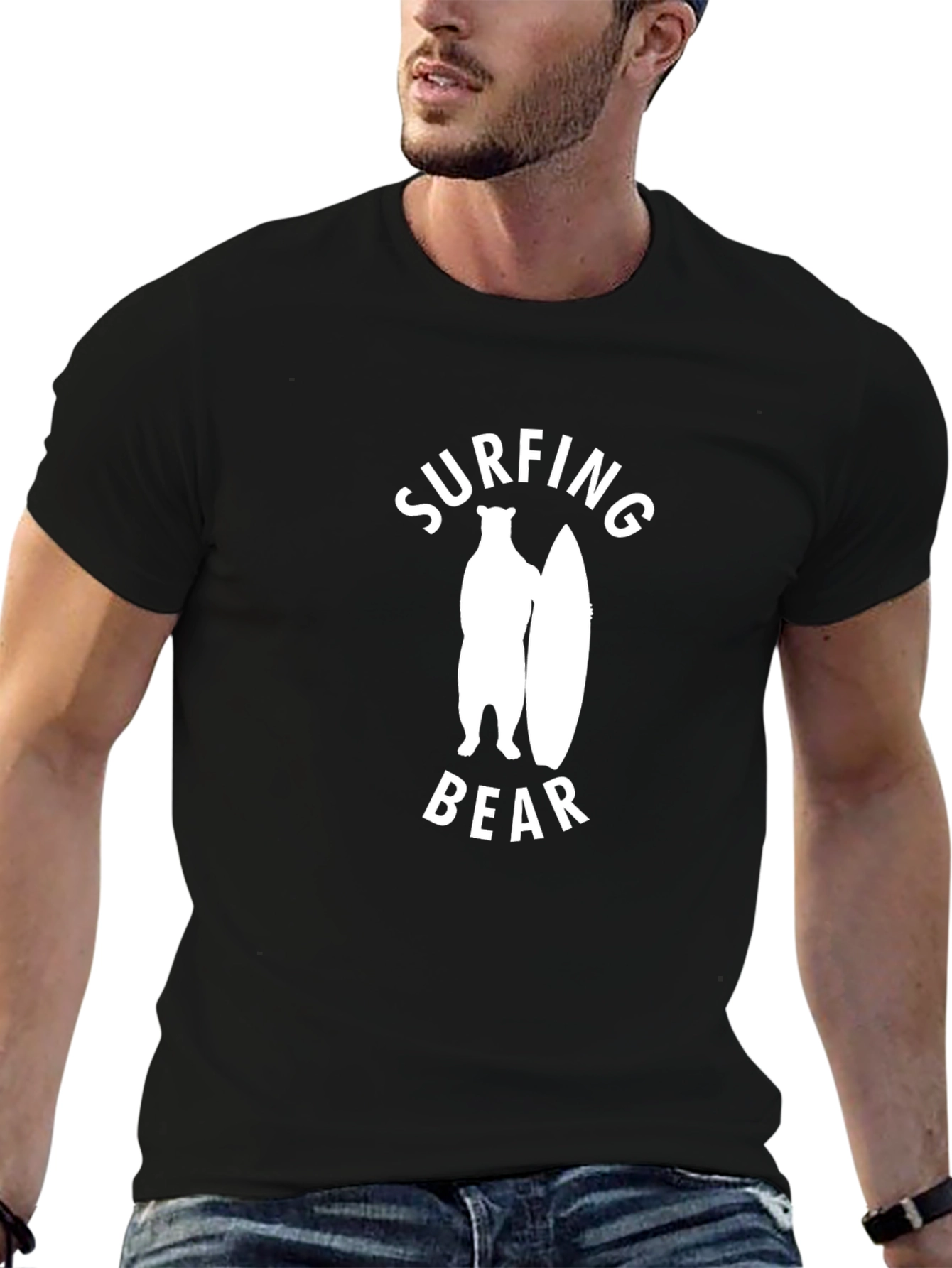 Surfing Bear Graphic Tee - Casual Cotton T-Shirt