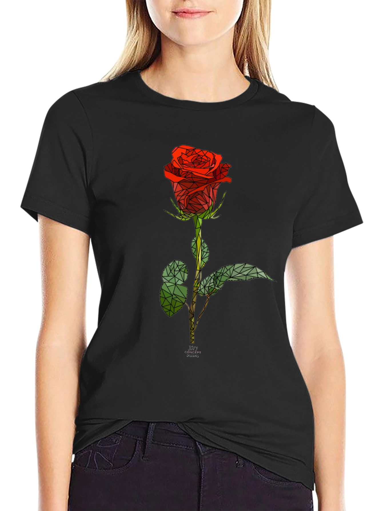 Geometric Rose Graphic Tee - Stylish Black T-Shirt