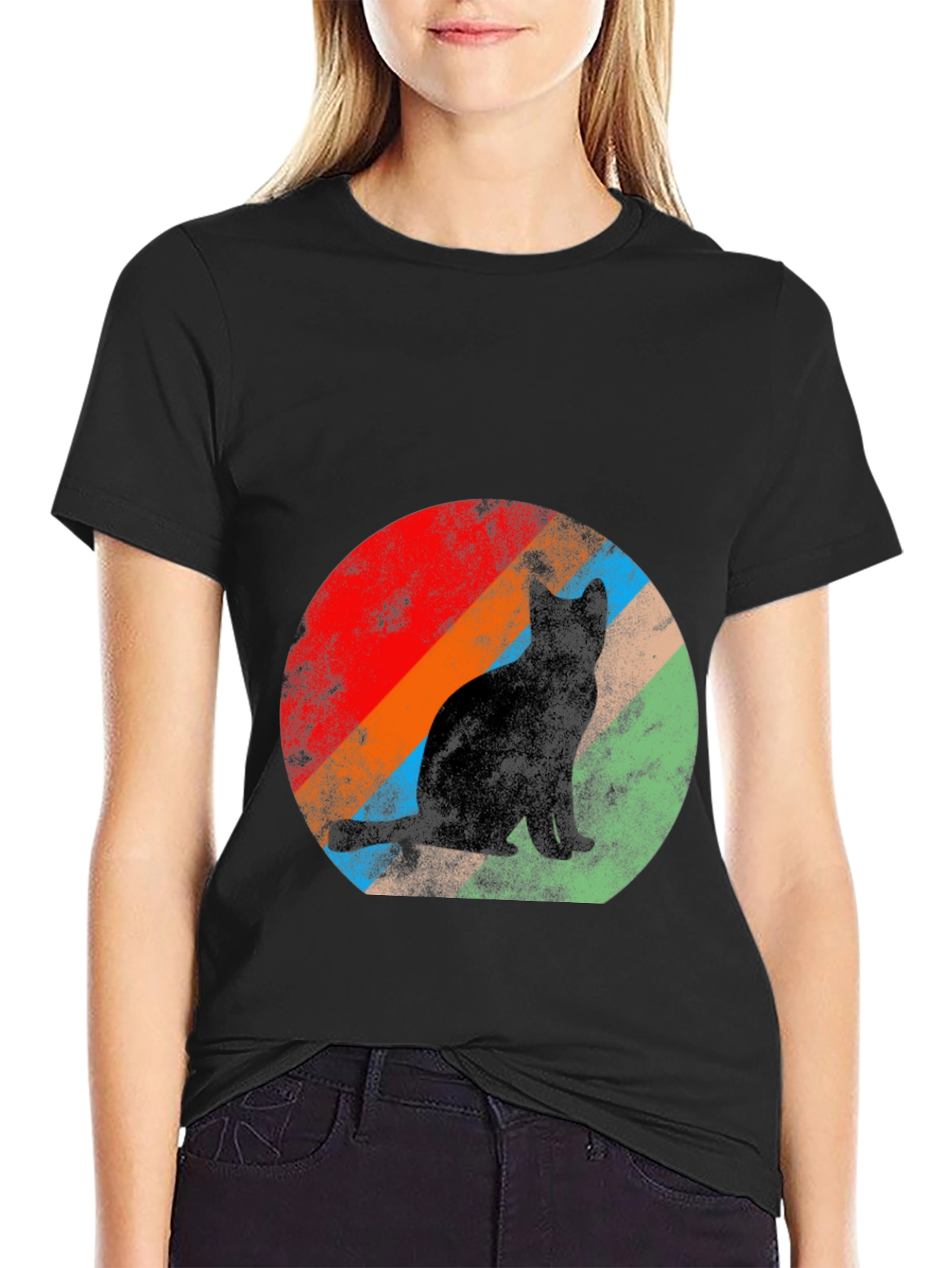 Retro Cat Graphic Tee - Black Cotton T-Shirt