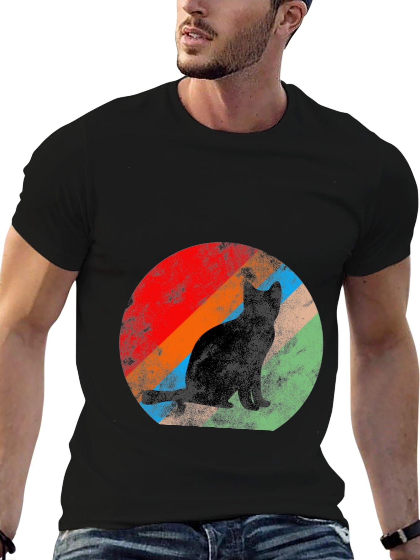 Retro Cat Graphic Tee - Black Cotton T-Shirt