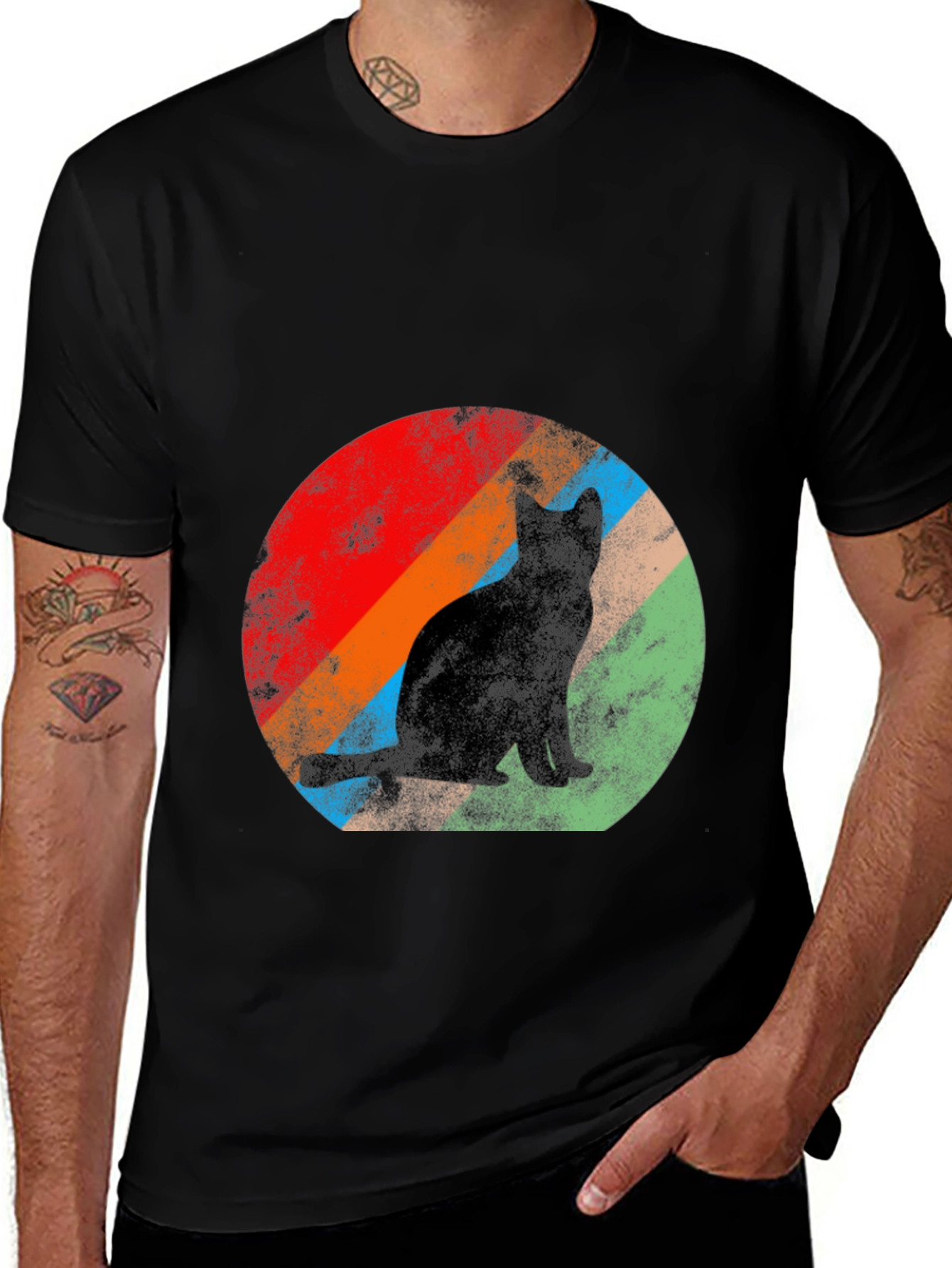 Retro Cat Graphic Tee - Black Cotton T-Shirt