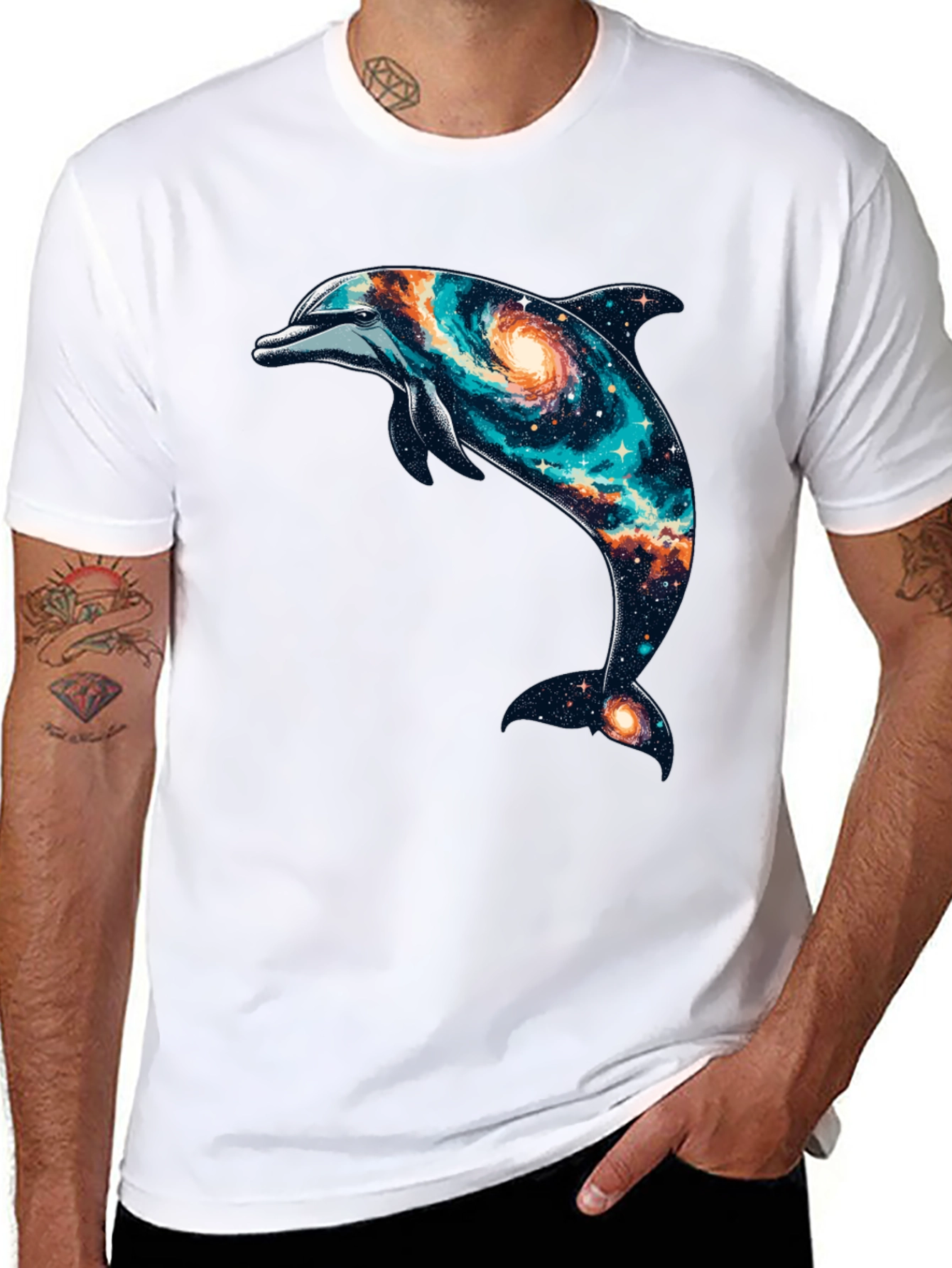 Galaxy Dolphin Graphic Tee - Black Cotton Blend