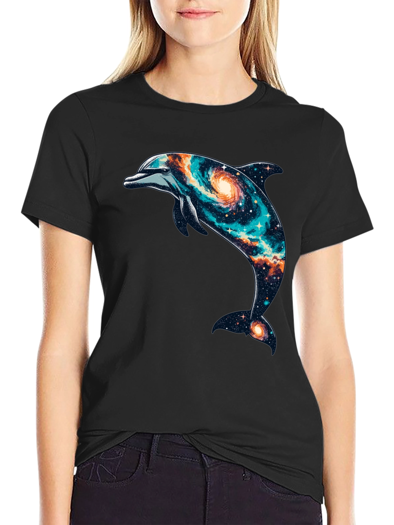 Galaxy Dolphin Graphic Tee - Black Cotton Blend