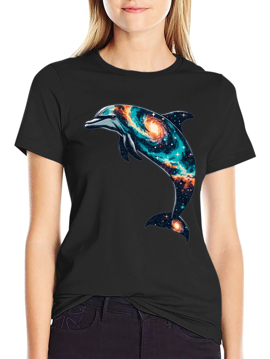 Galaxy Dolphin Graphic Tee - Black Cotton Blend