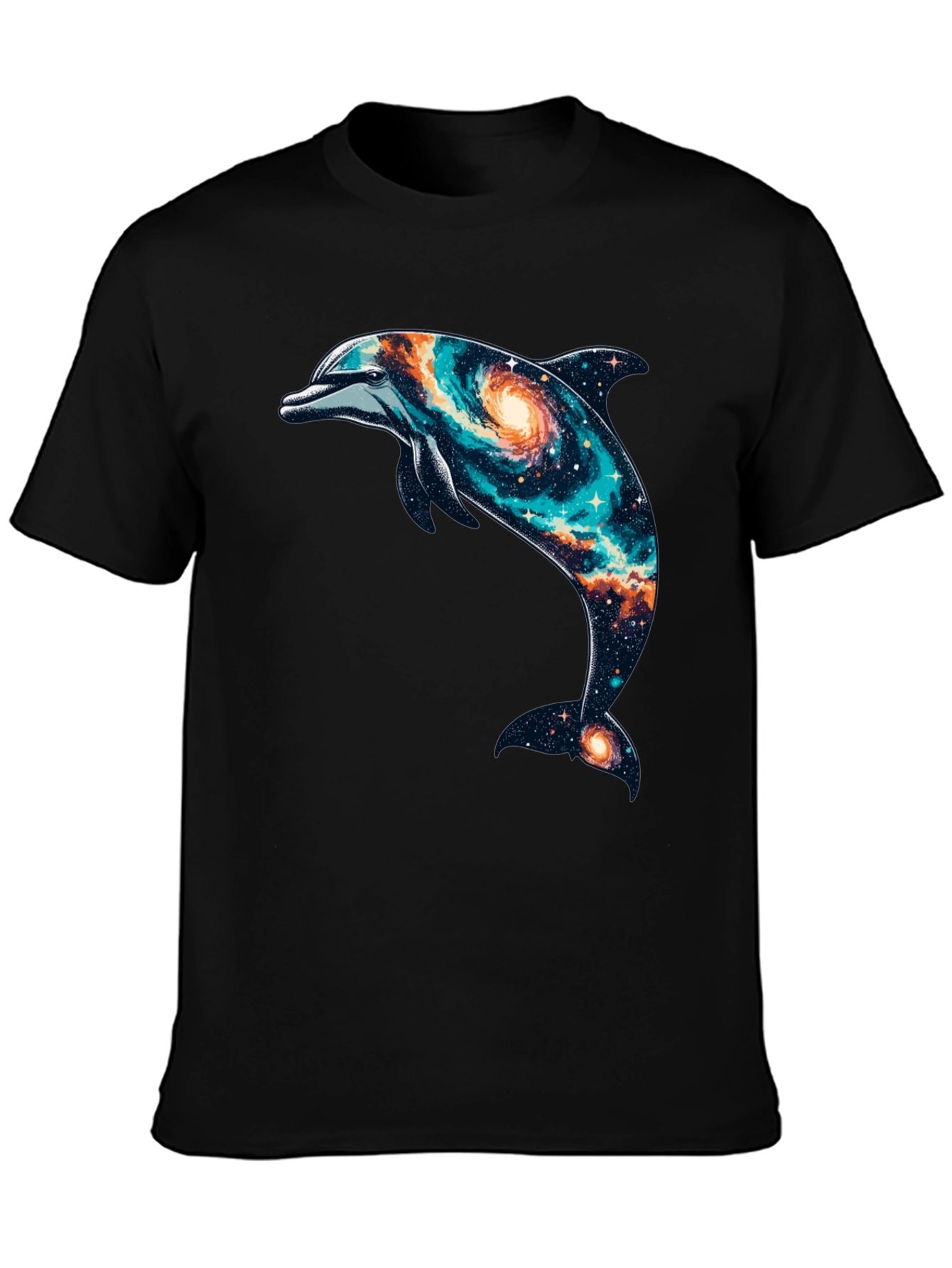 Galaxy Dolphin Graphic Tee - Black Cotton Blend