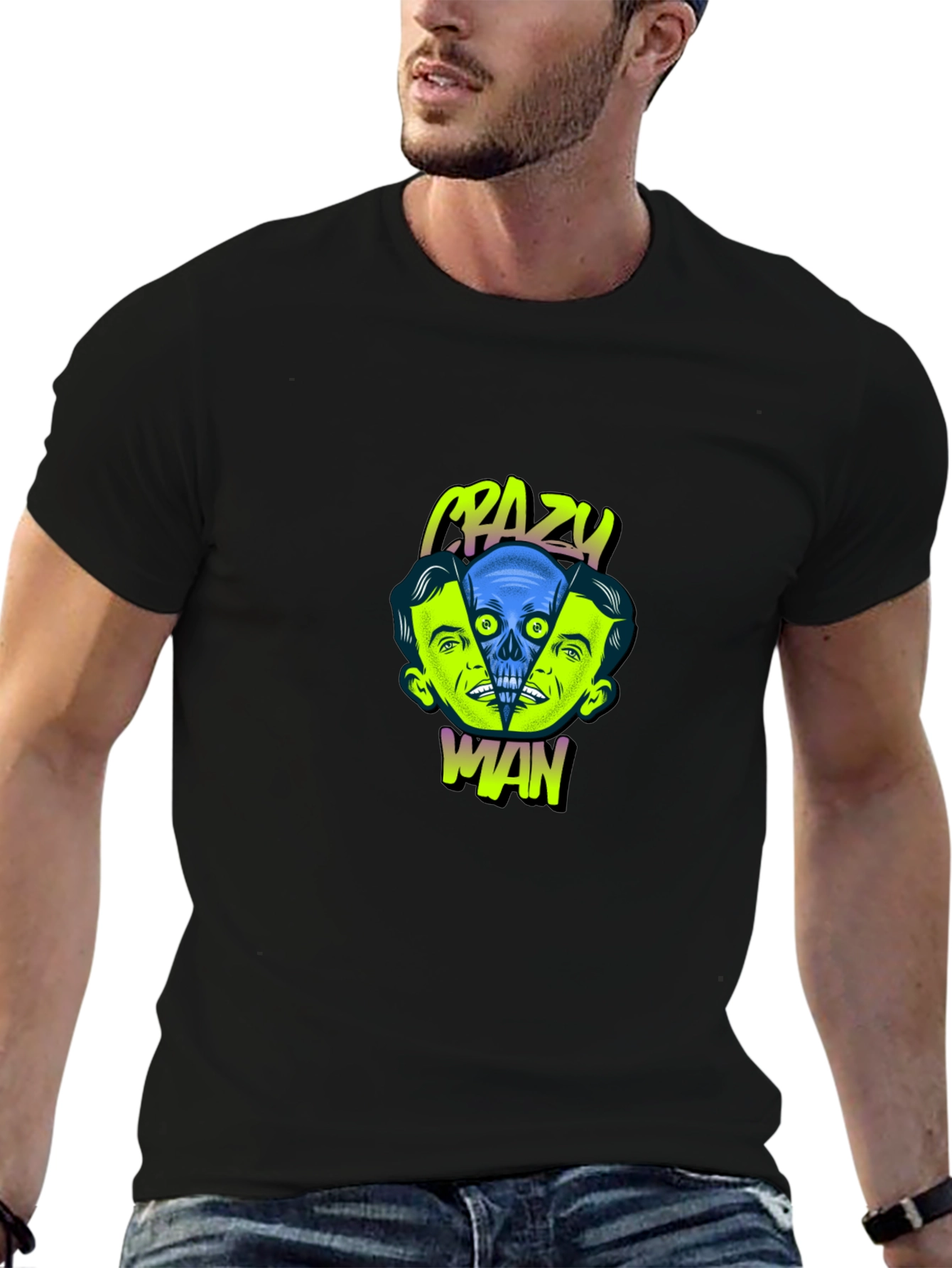 Crazy Man Graphic Print Black T-Shirt