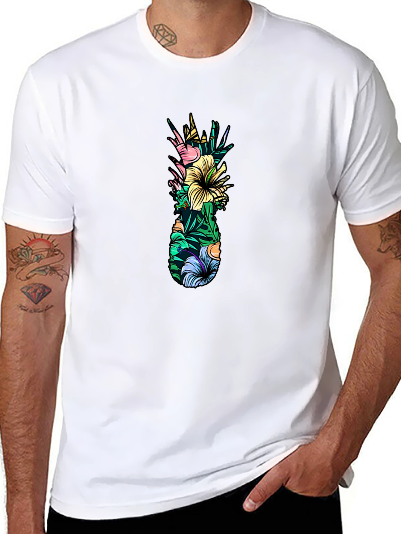 Tropical Pineapple Graphic Tee - Black Cotton T-Shirt