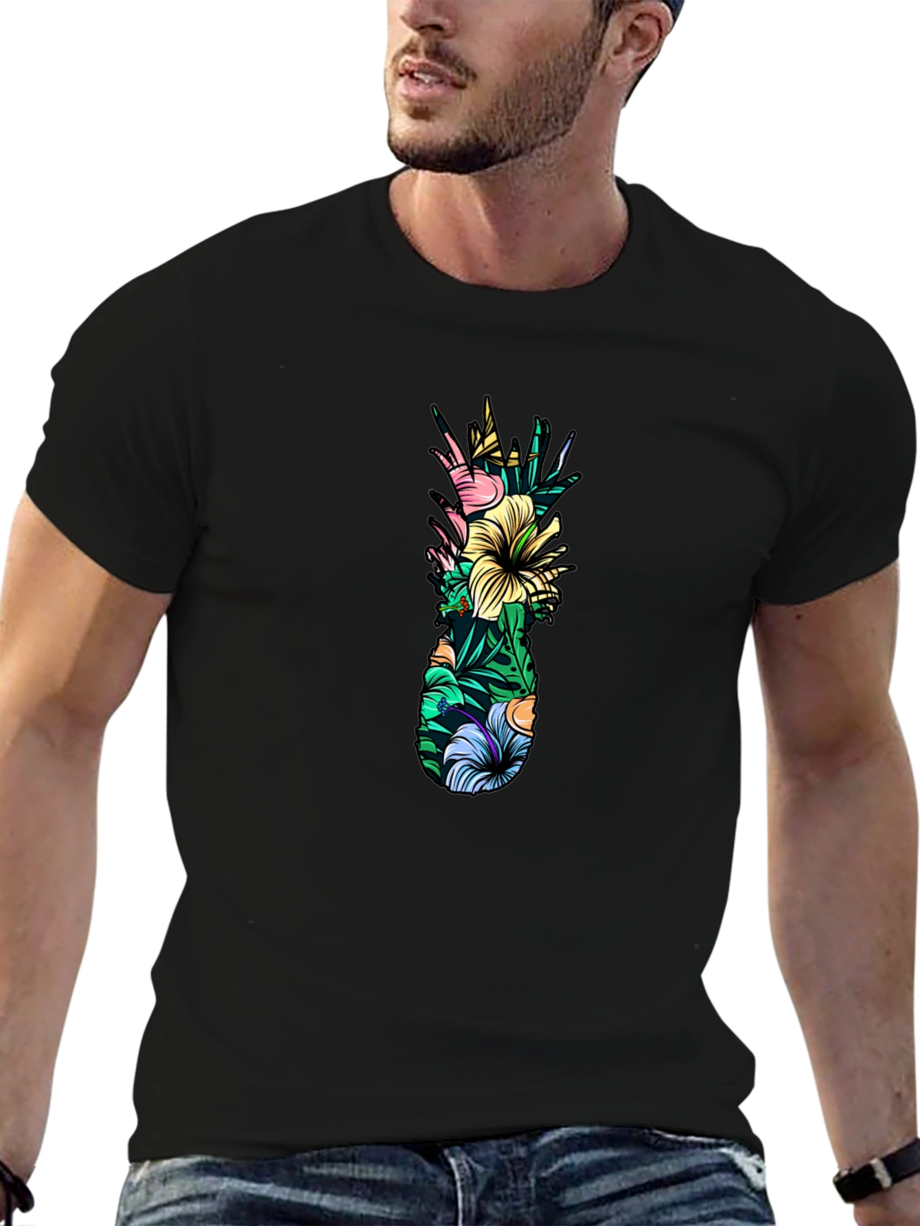 Tropical Pineapple Graphic Tee - Black Cotton T-Shirt