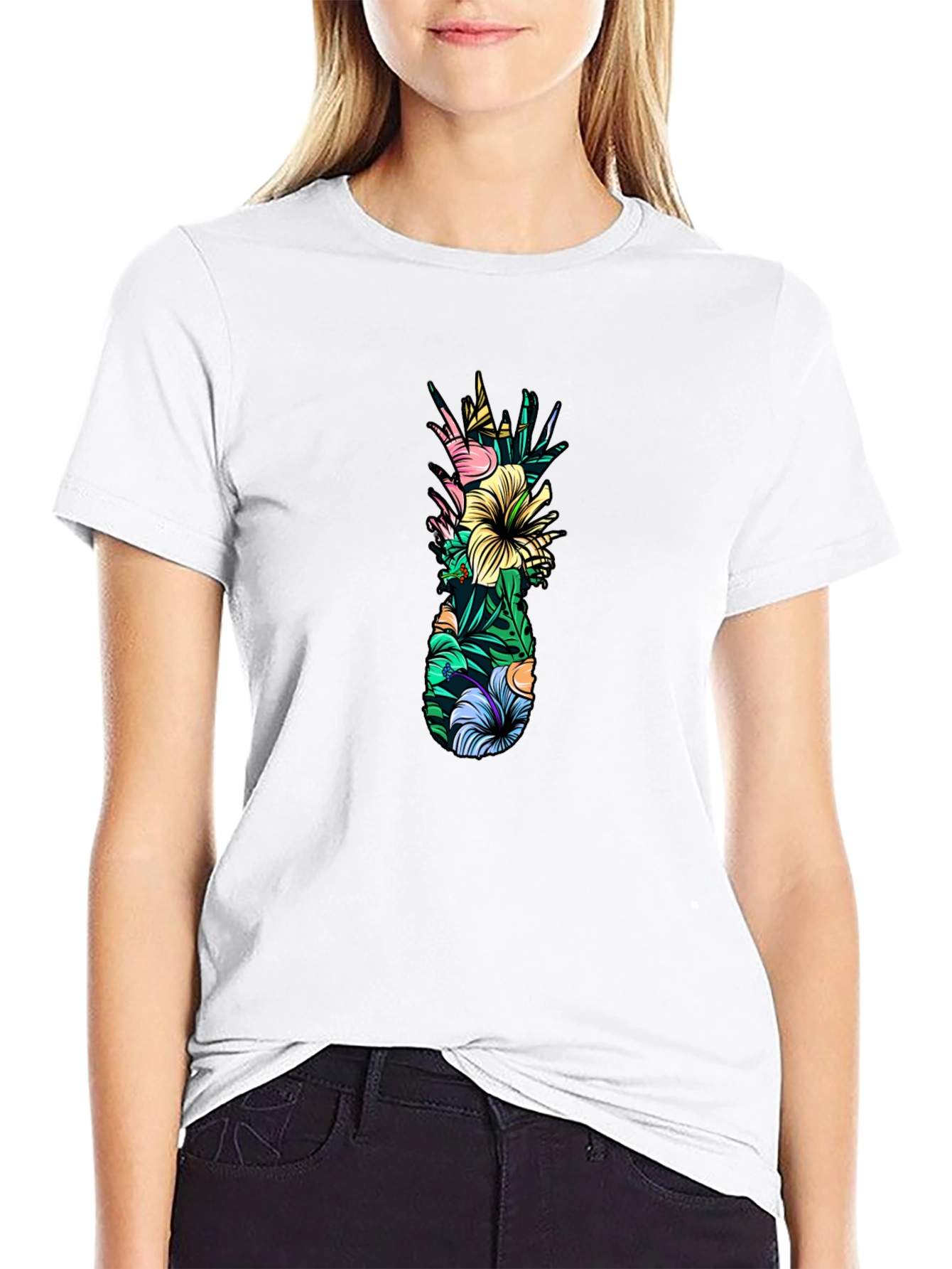 Tropical Pineapple Graphic Tee - Black Cotton T-Shirt